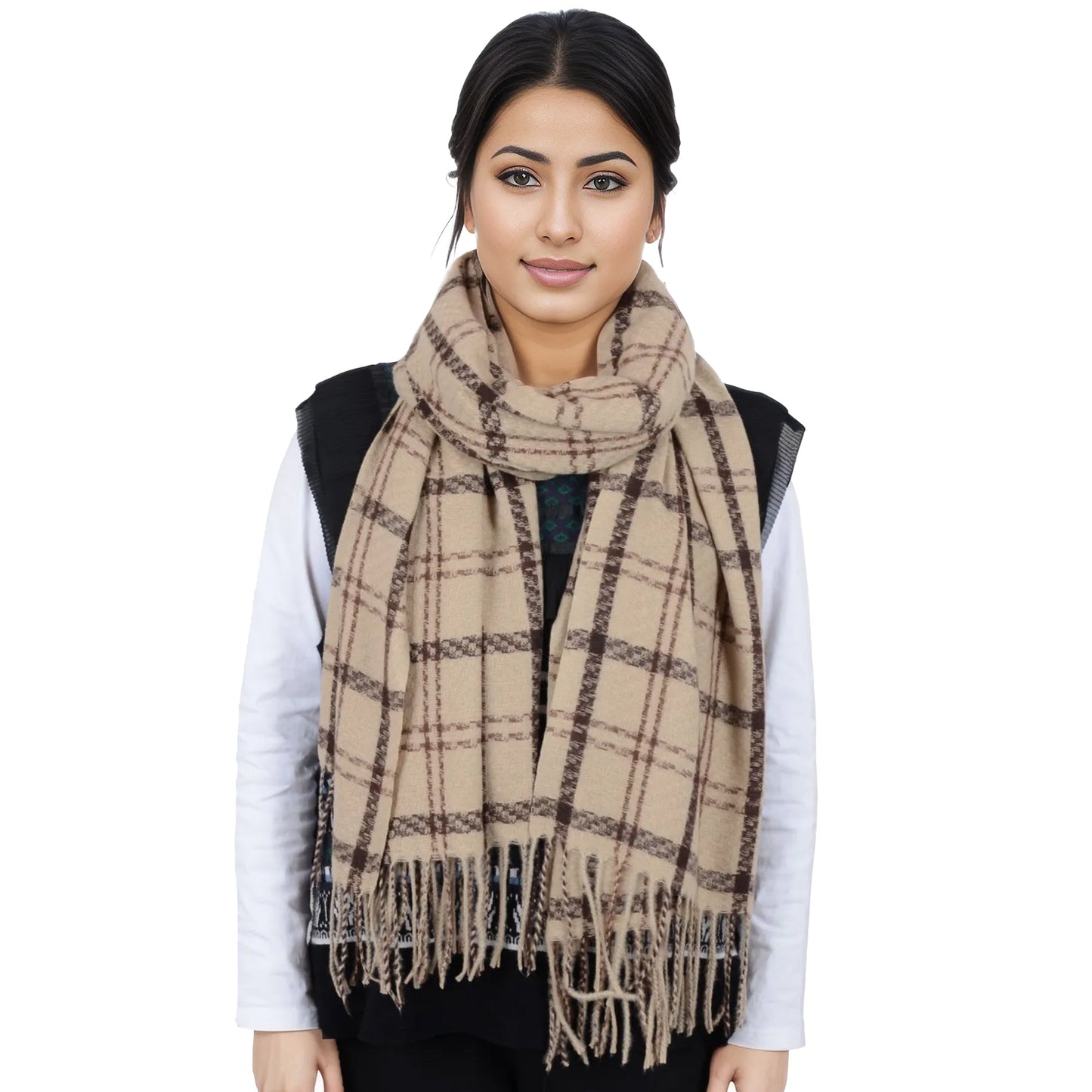 Classic Plaid Winter Scarf Soft Cashmere Feel Wrap Shawl Check Tassel Scarves for Women
