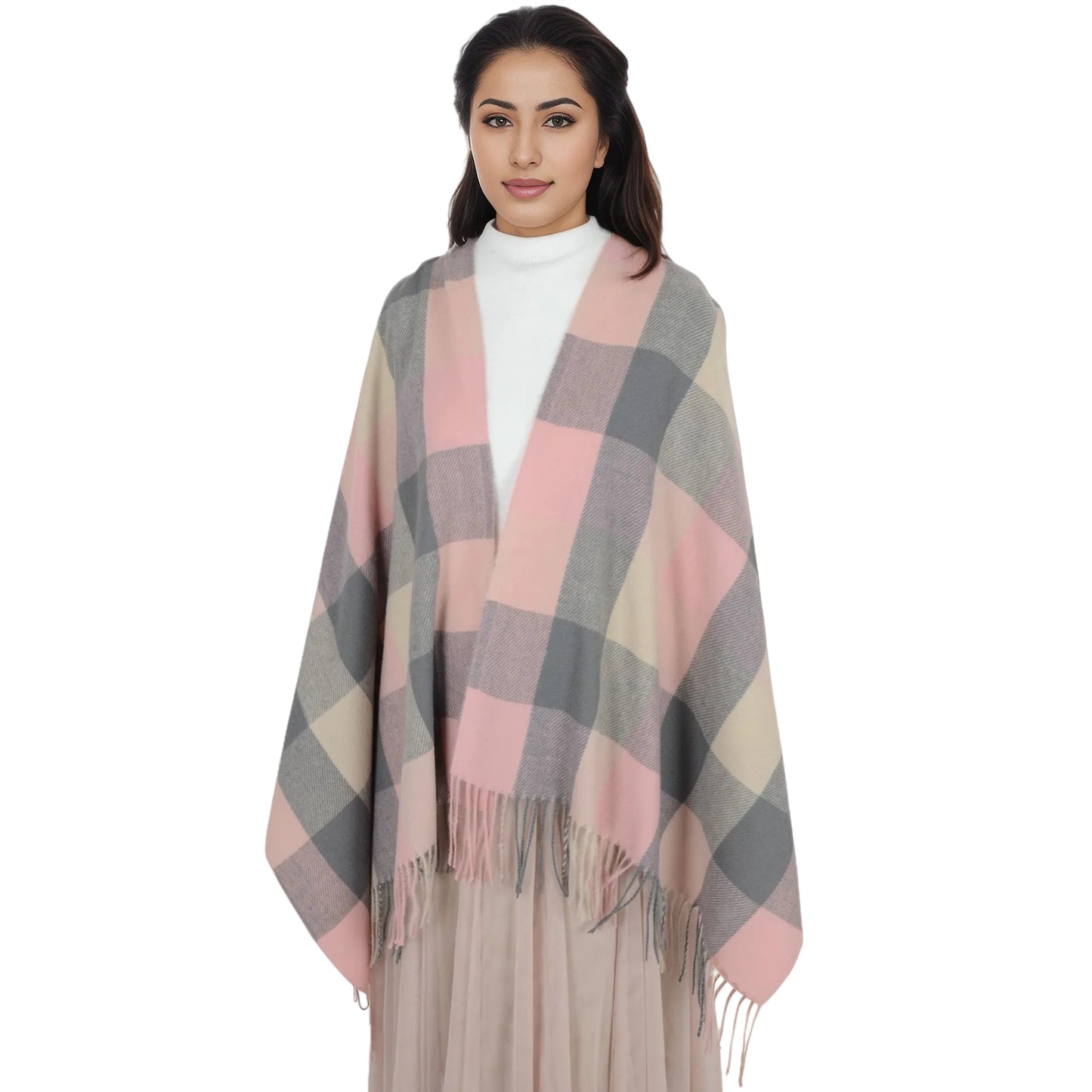 Classic Plaid Winter Scarf Soft Cashmere Feel Wrap Shawl Check Tassel Scarves for Women