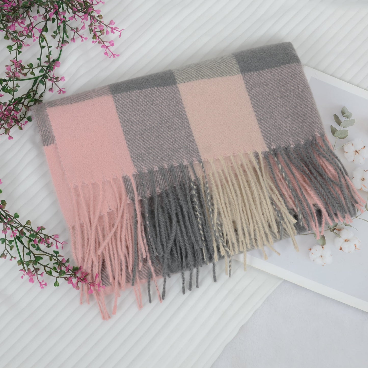 Classic Plaid Winter Scarf Soft Cashmere Feel Wrap Shawl Check Tassel Scarves for Women