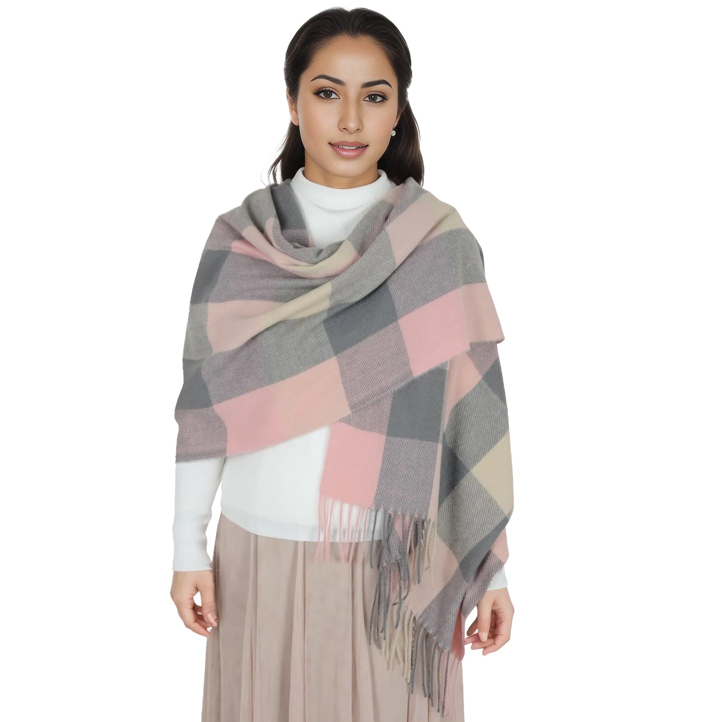 Classic Plaid Winter Scarf Soft Cashmere Feel Wrap Shawl Check Tassel Scarves for Women