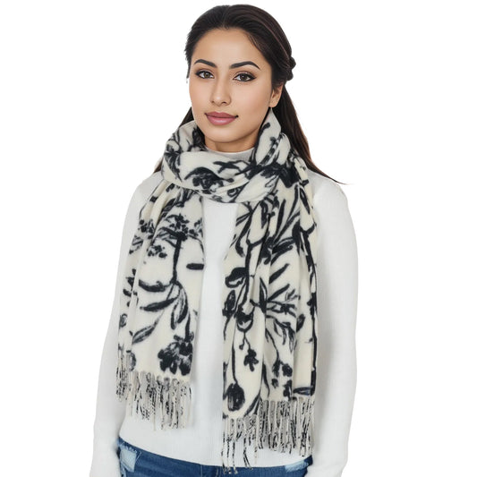 Floral Print Winter Scarf Soft Cashmere Feel Fringe Shawl Wrap Scarves for Evening Dress