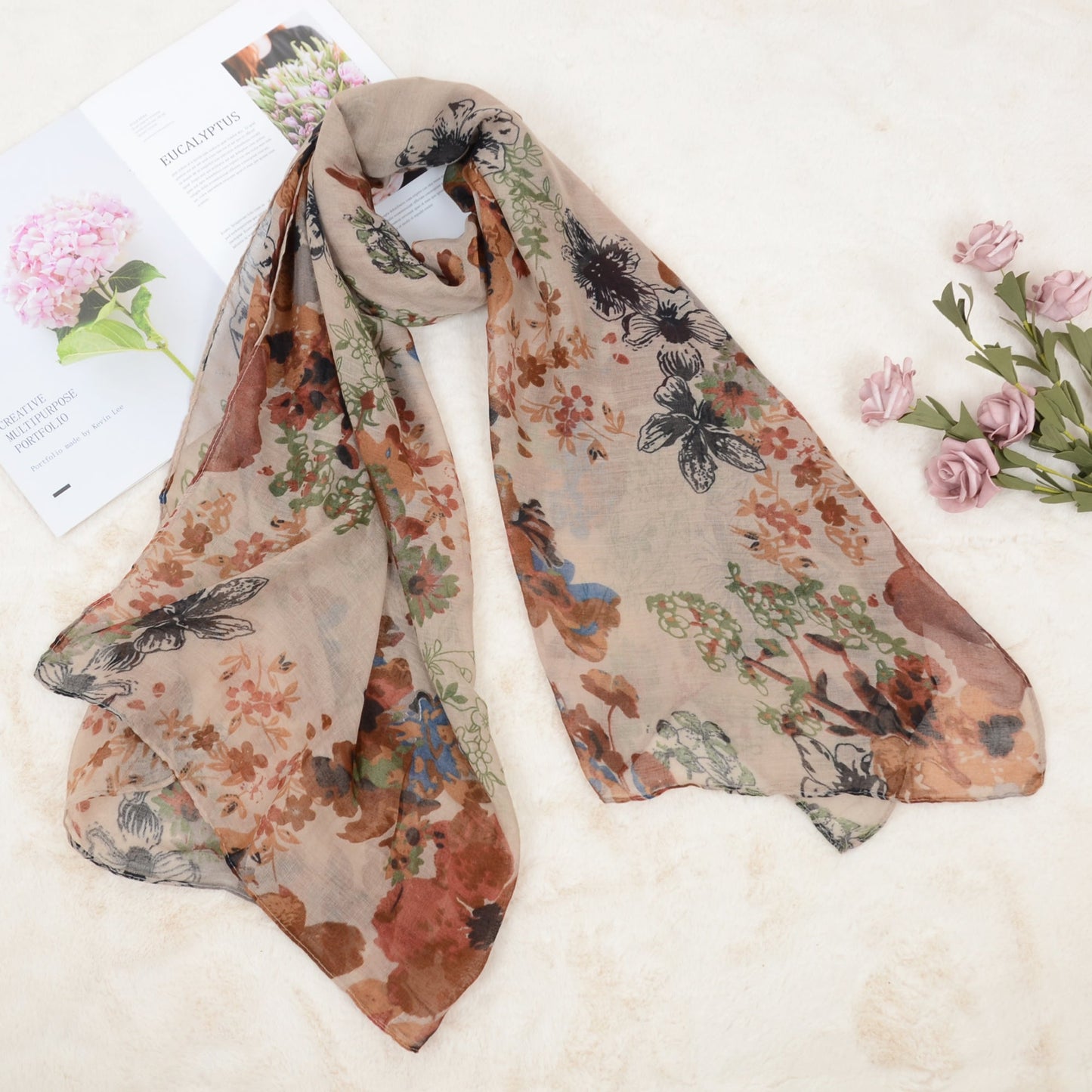 Fashion Floral Print Scarves Lightweight Winter Wrap Scarf Head Shawl for Women