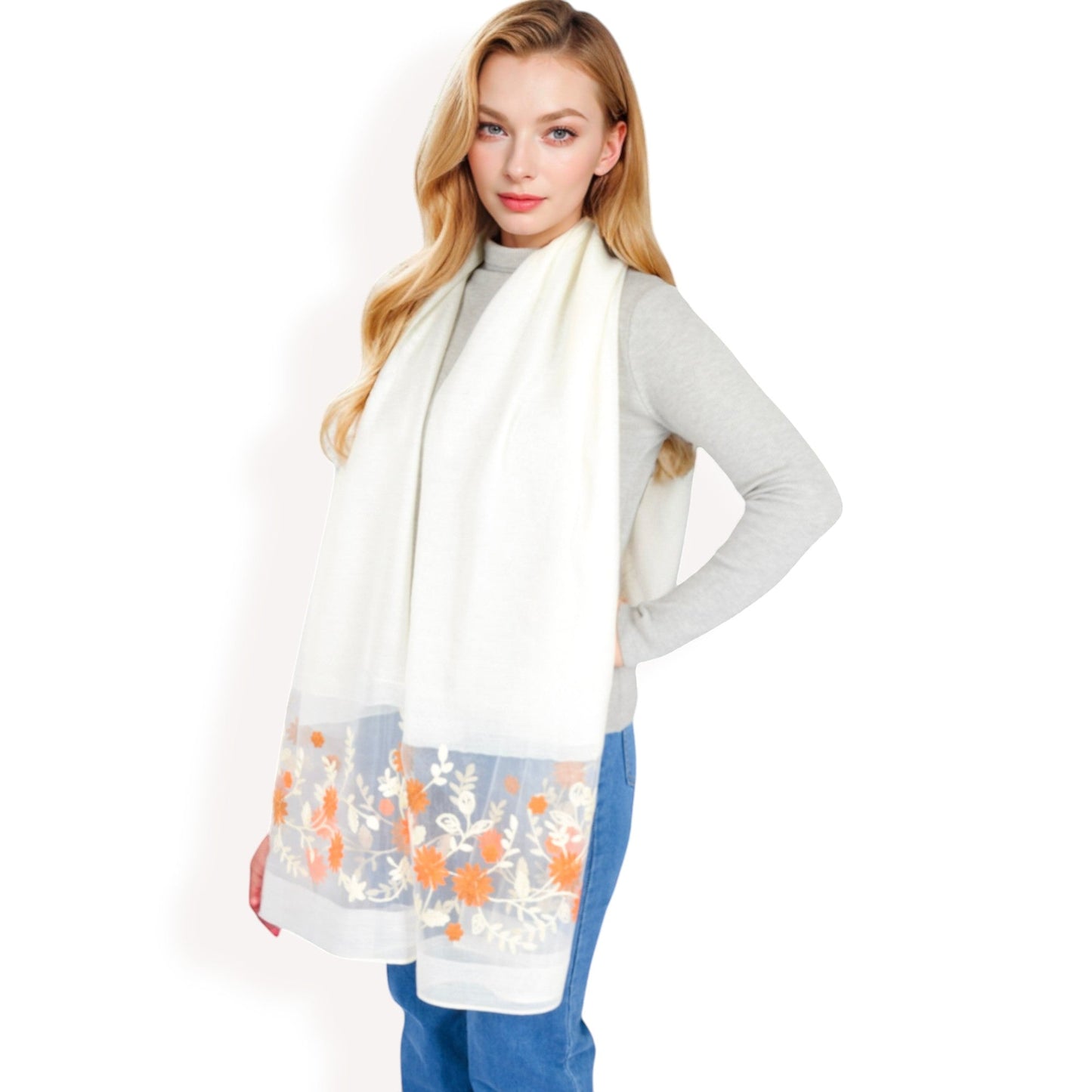 Elegant Floral Scarf with Lightweight Textured Fabric Overlay for Sophisticated Style