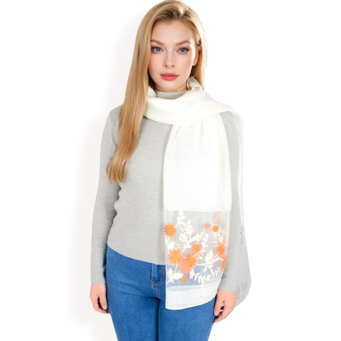 Elegant Floral Scarf with Lightweight Textured Fabric Overlay for Sophisticated Style