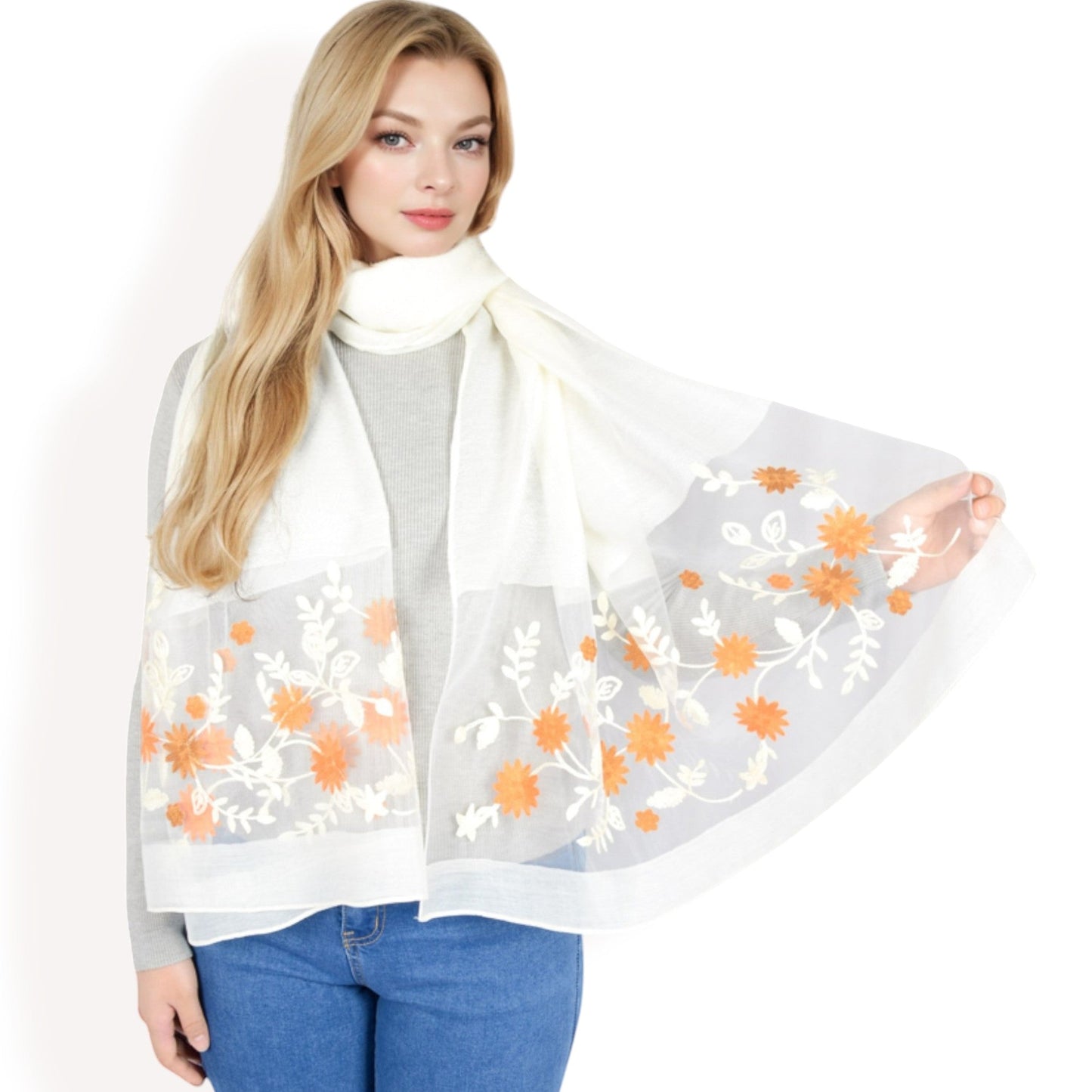 Elegant Floral Scarf with Lightweight Textured Fabric Overlay for Sophisticated Style