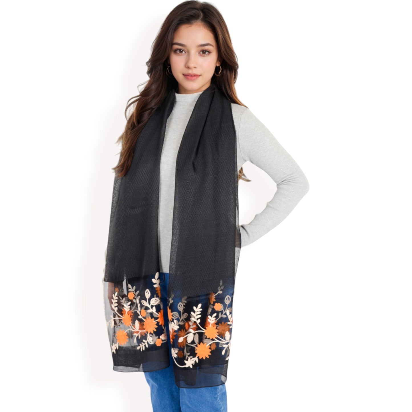 Elegant Floral Scarf with Lightweight Textured Fabric Overlay for Sophisticated Style