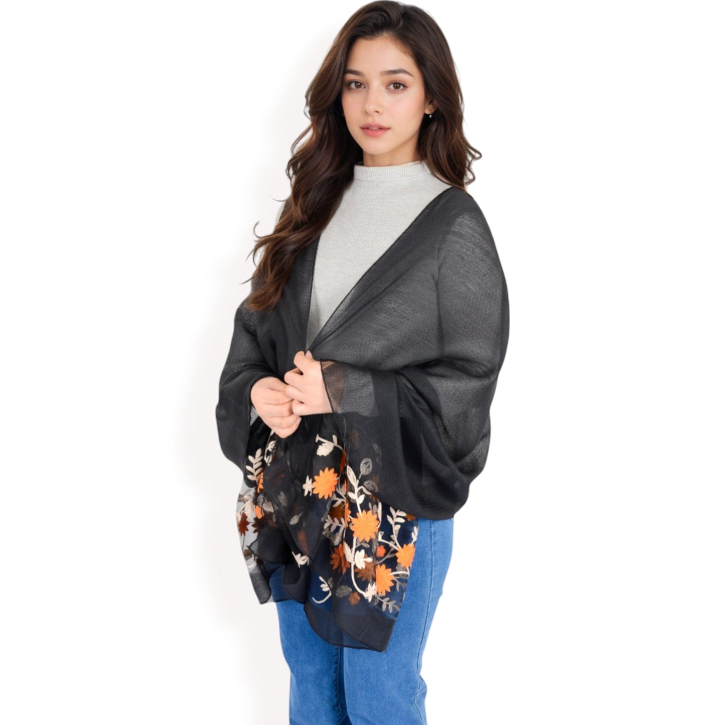 Elegant Floral Scarf with Lightweight Textured Fabric Overlay for Sophisticated Style