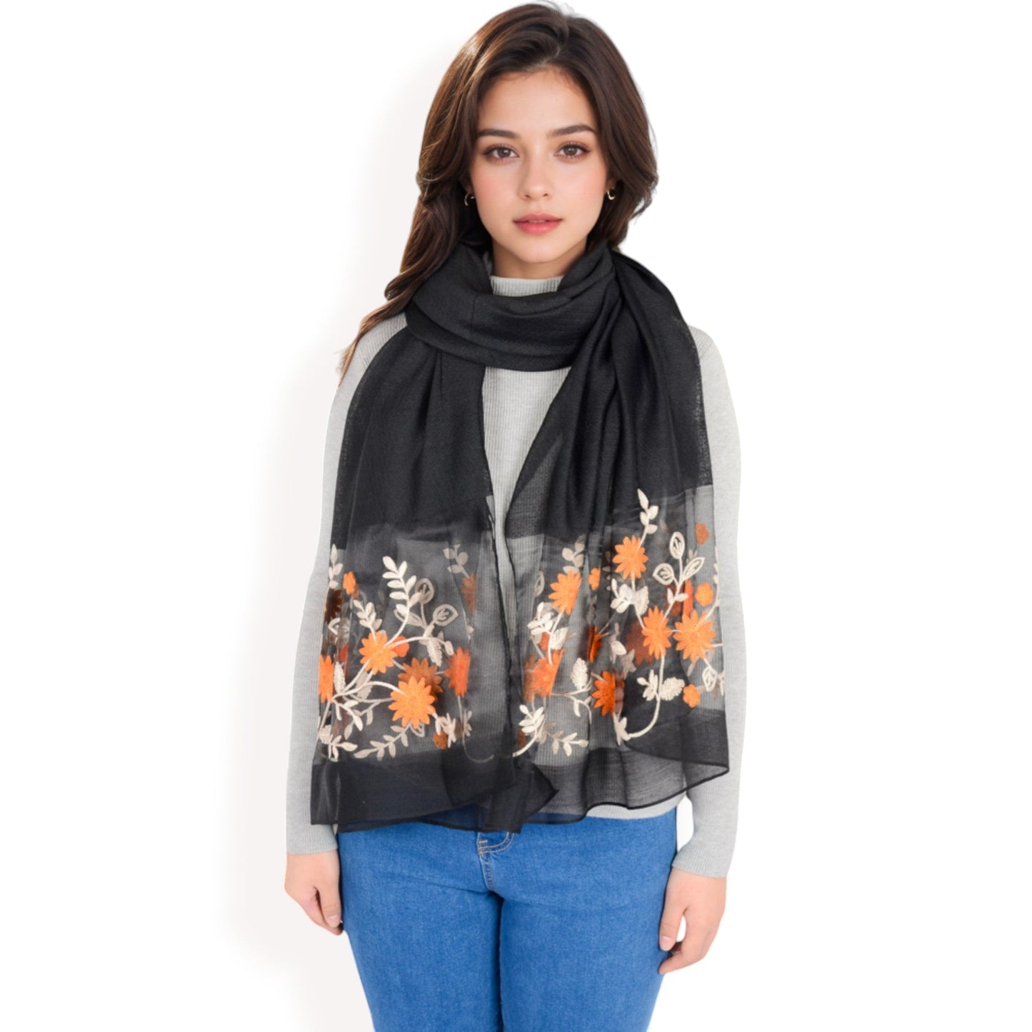 Elegant Floral Scarf with Lightweight Textured Fabric Overlay for Sophisticated Style