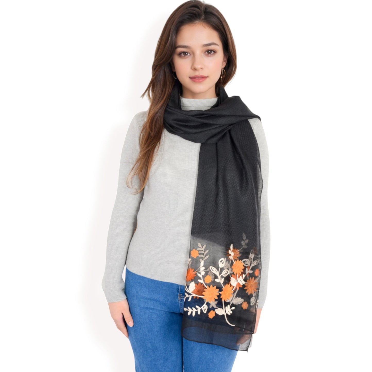 Elegant Floral Scarf with Lightweight Textured Fabric Overlay for Sophisticated Style