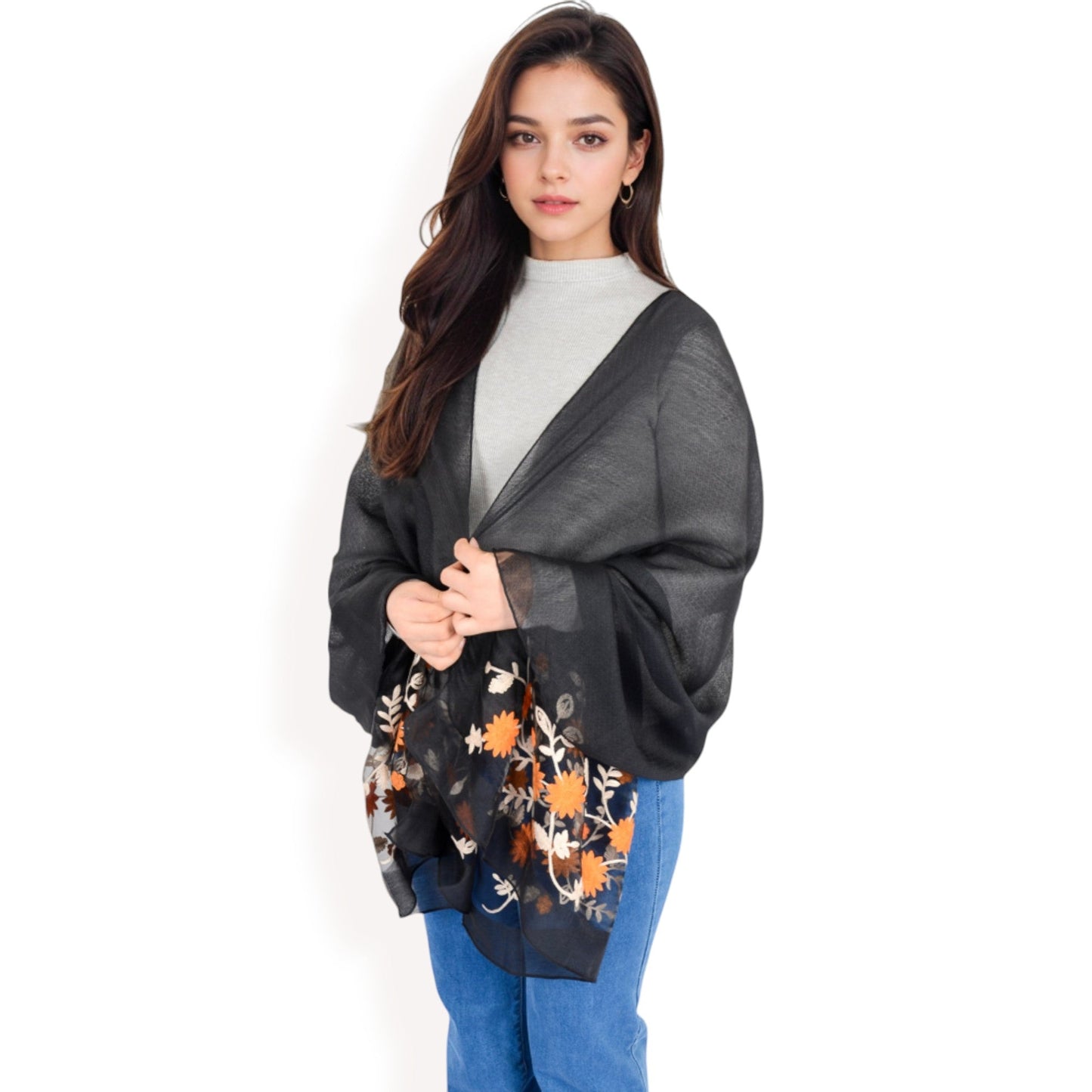 Elegant Floral Scarf with Lightweight Textured Fabric Overlay for Sophisticated Style