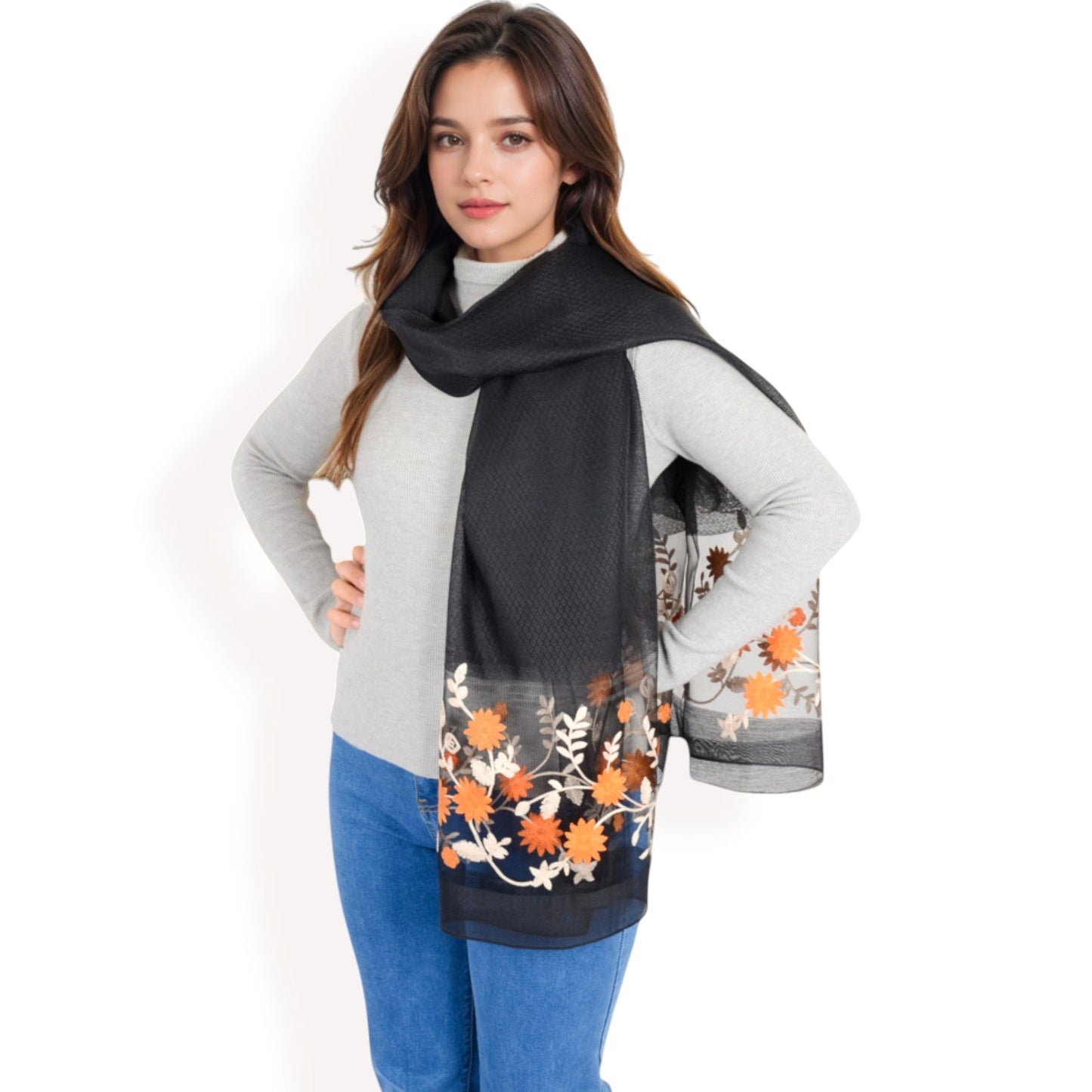 Elegant Floral Scarf with Lightweight Textured Fabric Overlay for Sophisticated Style