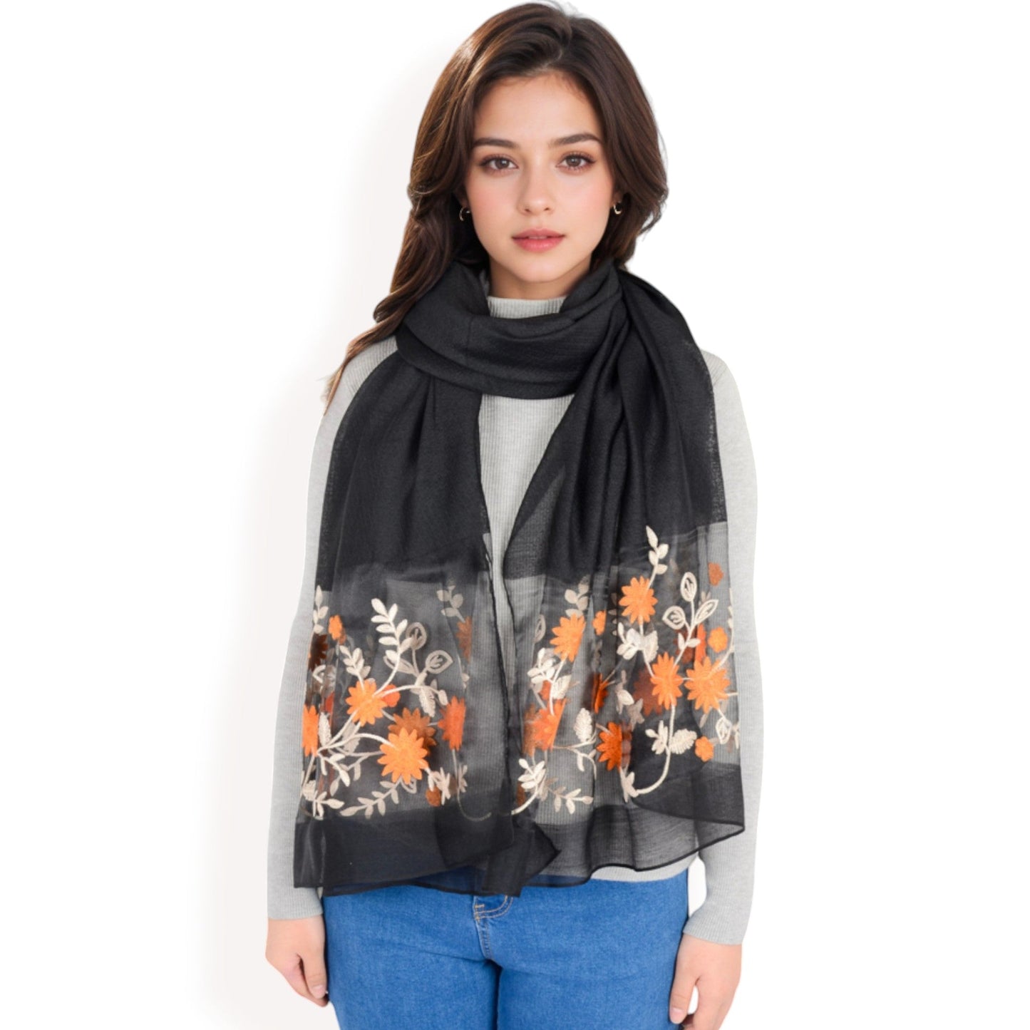 Elegant Floral Scarf with Lightweight Textured Fabric Overlay for Sophisticated Style