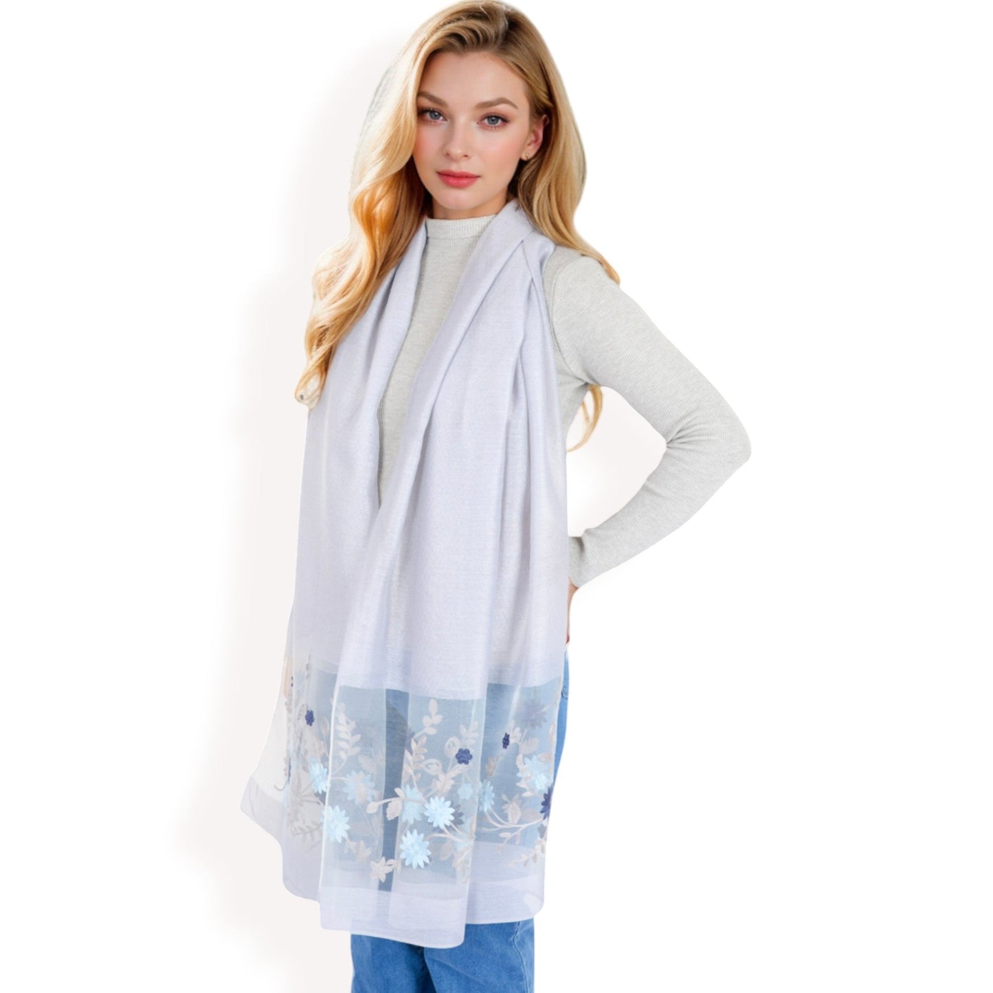 Elegant Floral Scarf with Lightweight Textured Fabric Overlay for Sophisticated Style
