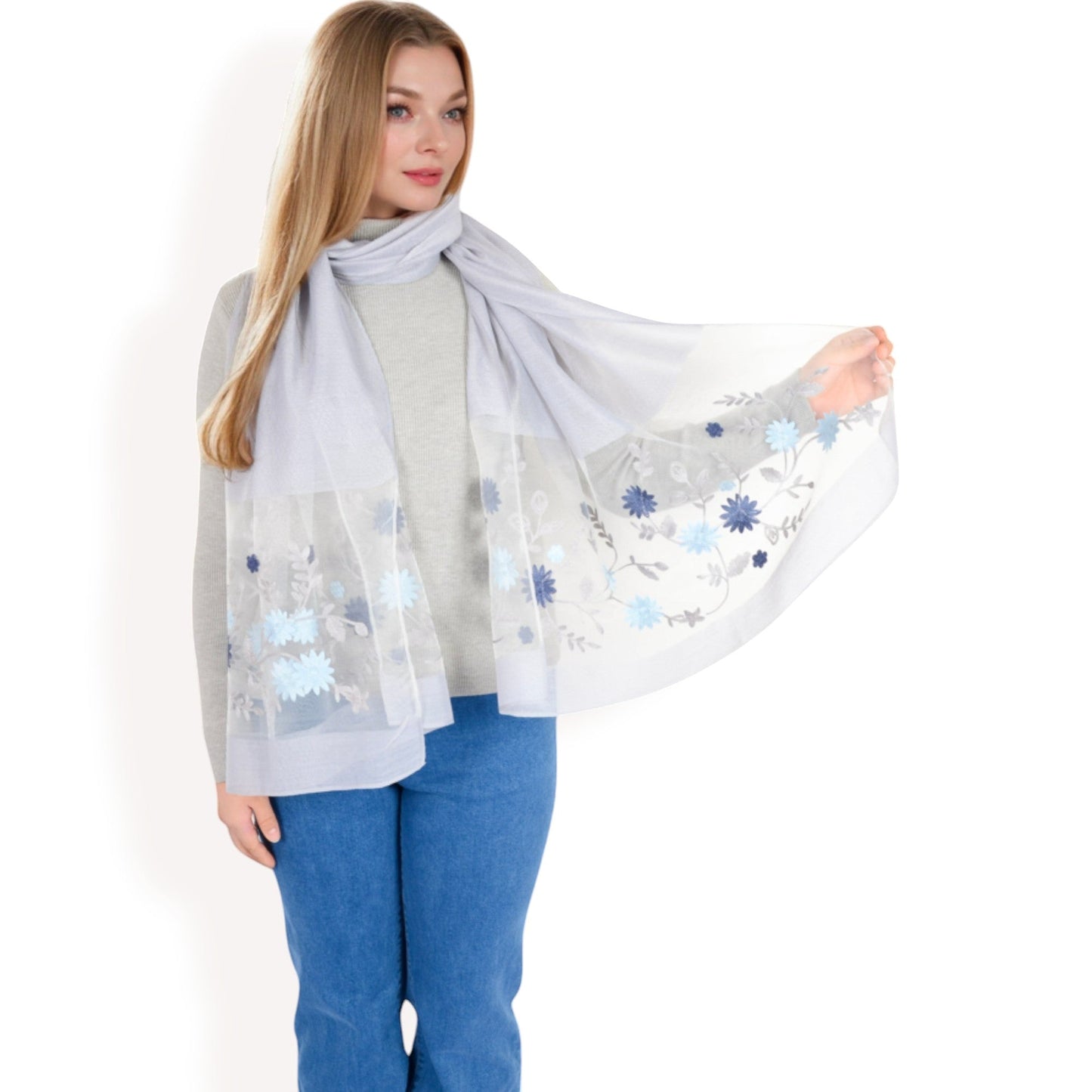 Elegant Floral Scarf with Lightweight Textured Fabric Overlay for Sophisticated Style