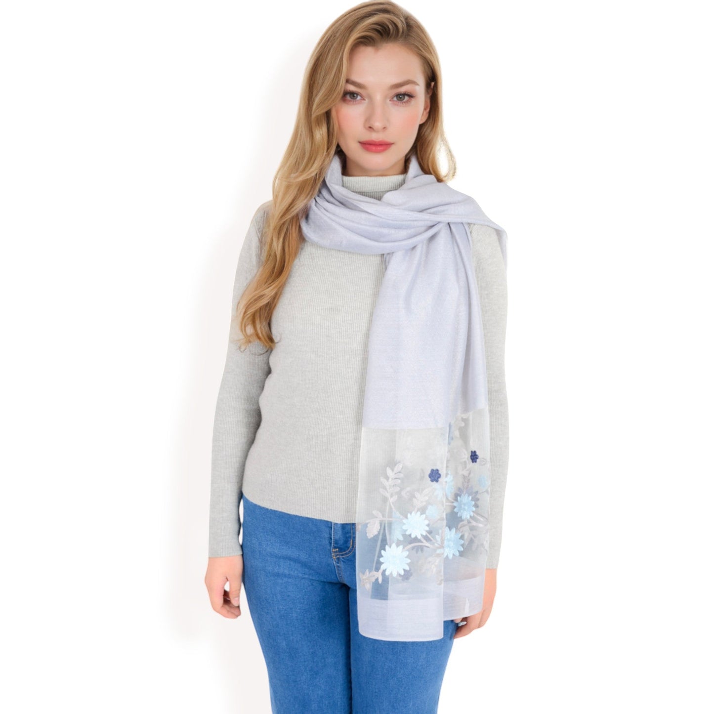 Elegant Floral Scarf with Lightweight Textured Fabric Overlay for Sophisticated Style