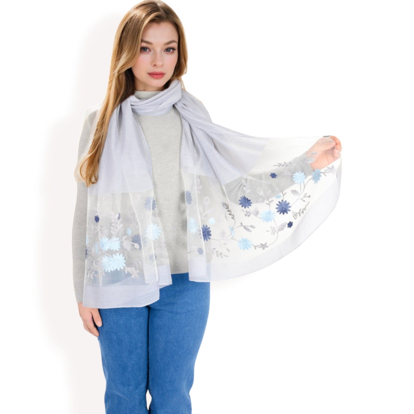 Elegant Floral Scarf with Lightweight Textured Fabric Overlay for Sophisticated Style