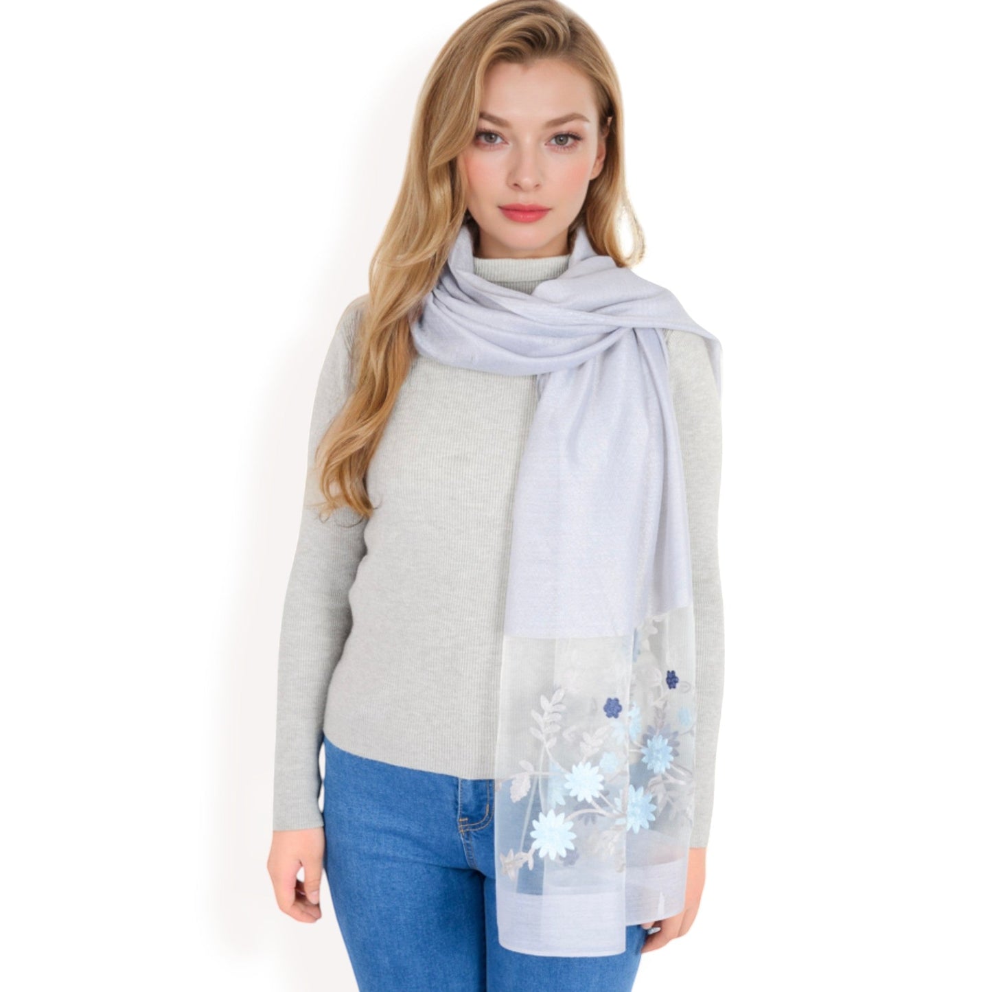 Elegant Floral Scarf with Lightweight Textured Fabric Overlay for Sophisticated Style