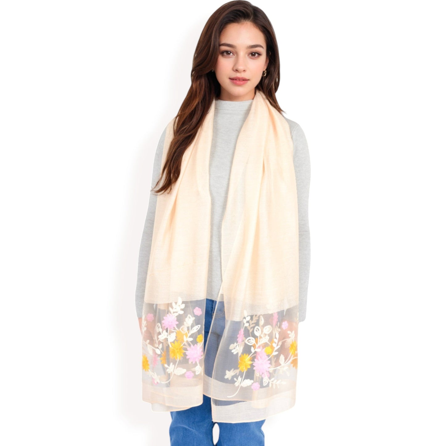 Elegant Floral Scarf with Lightweight Textured Fabric Overlay for Sophisticated Style