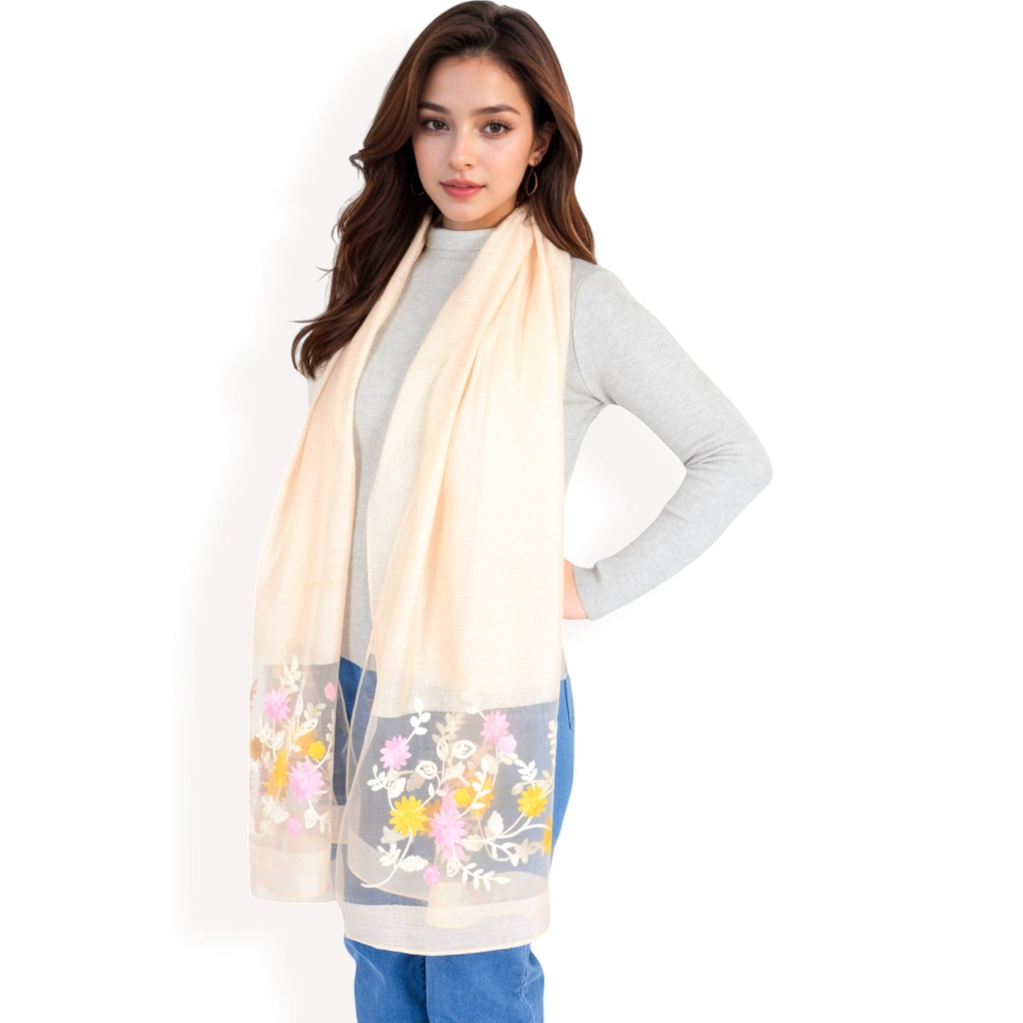 Elegant Floral Scarf with Lightweight Textured Fabric Overlay for Sophisticated Style