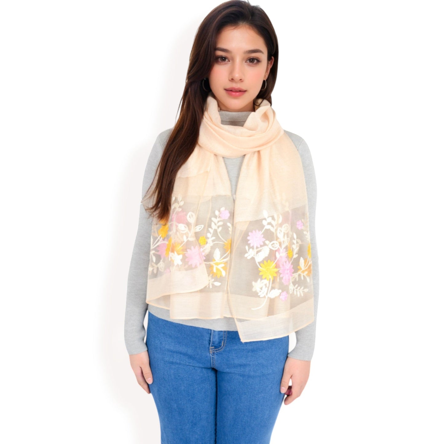 Elegant Floral Scarf with Lightweight Textured Fabric Overlay for Sophisticated Style