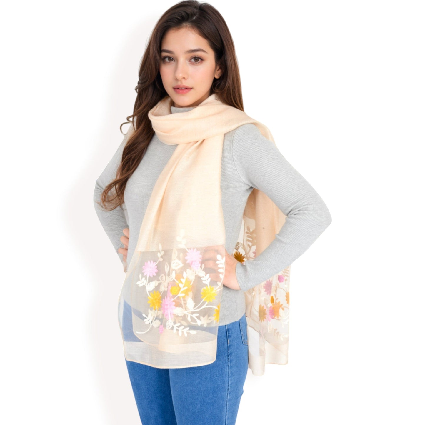 Elegant Floral Scarf with Lightweight Textured Fabric Overlay for Sophisticated Style