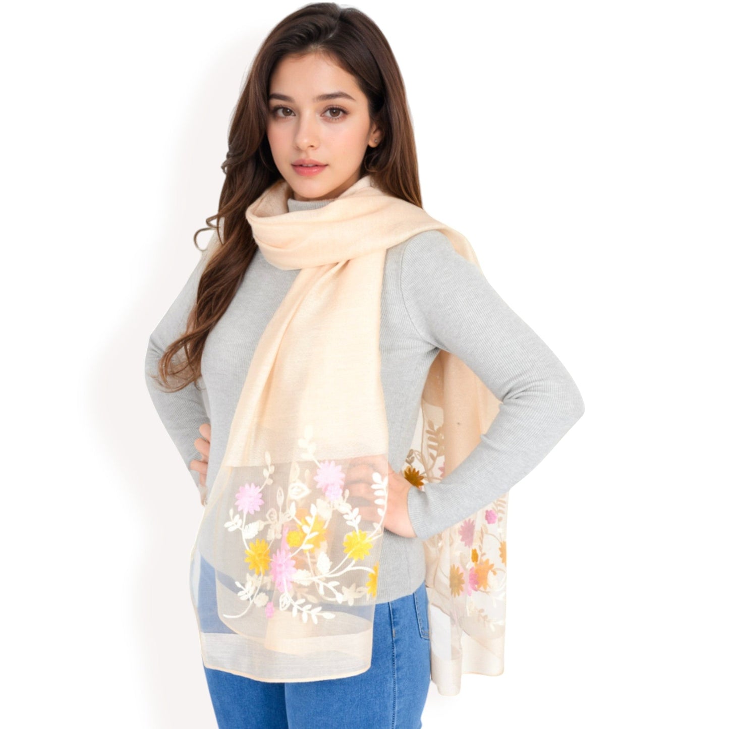 Elegant Floral Scarf with Lightweight Textured Fabric Overlay for Sophisticated Style