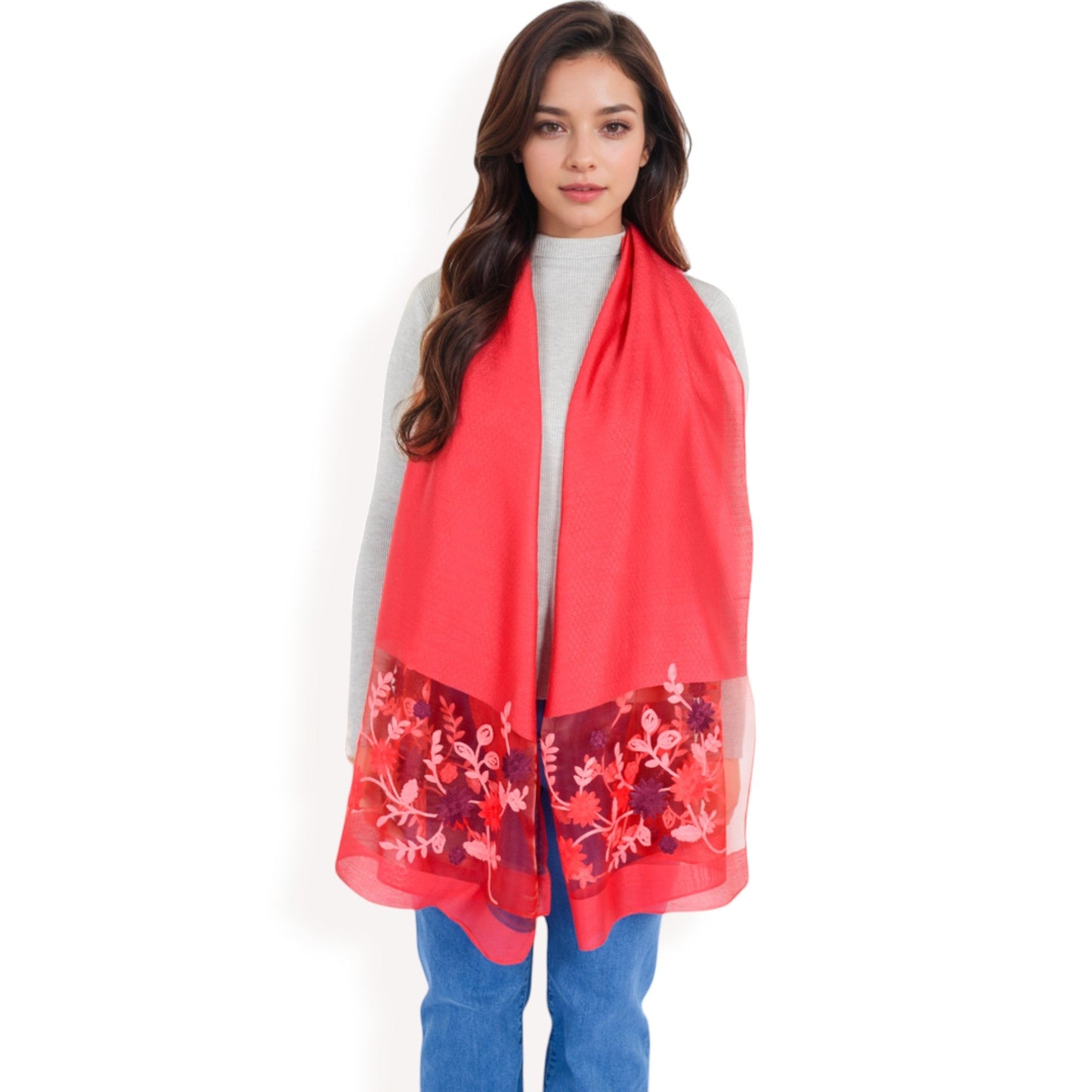 Elegant Floral Scarf with Lightweight Textured Fabric Overlay for Sophisticated Style