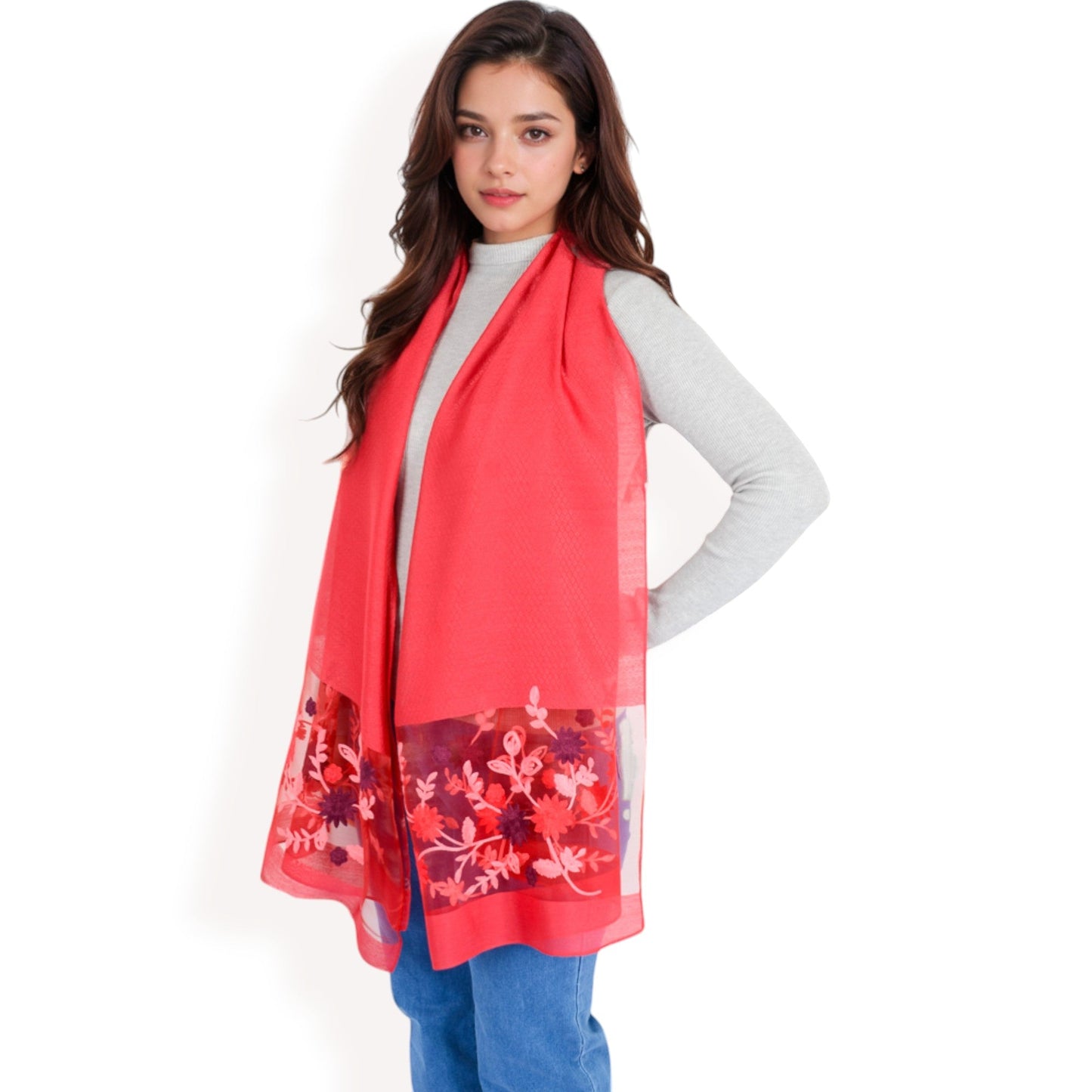 Elegant Floral Scarf with Lightweight Textured Fabric Overlay for Sophisticated Style