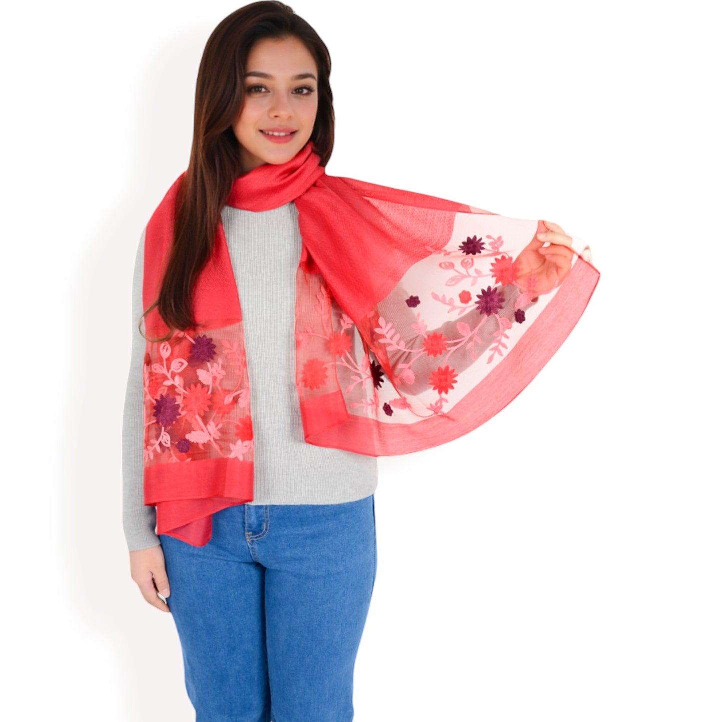 Elegant Floral Scarf with Lightweight Textured Fabric Overlay for Sophisticated Style