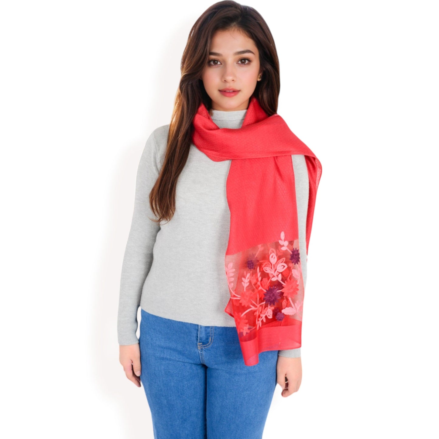Elegant Floral Scarf with Lightweight Textured Fabric Overlay for Sophisticated Style