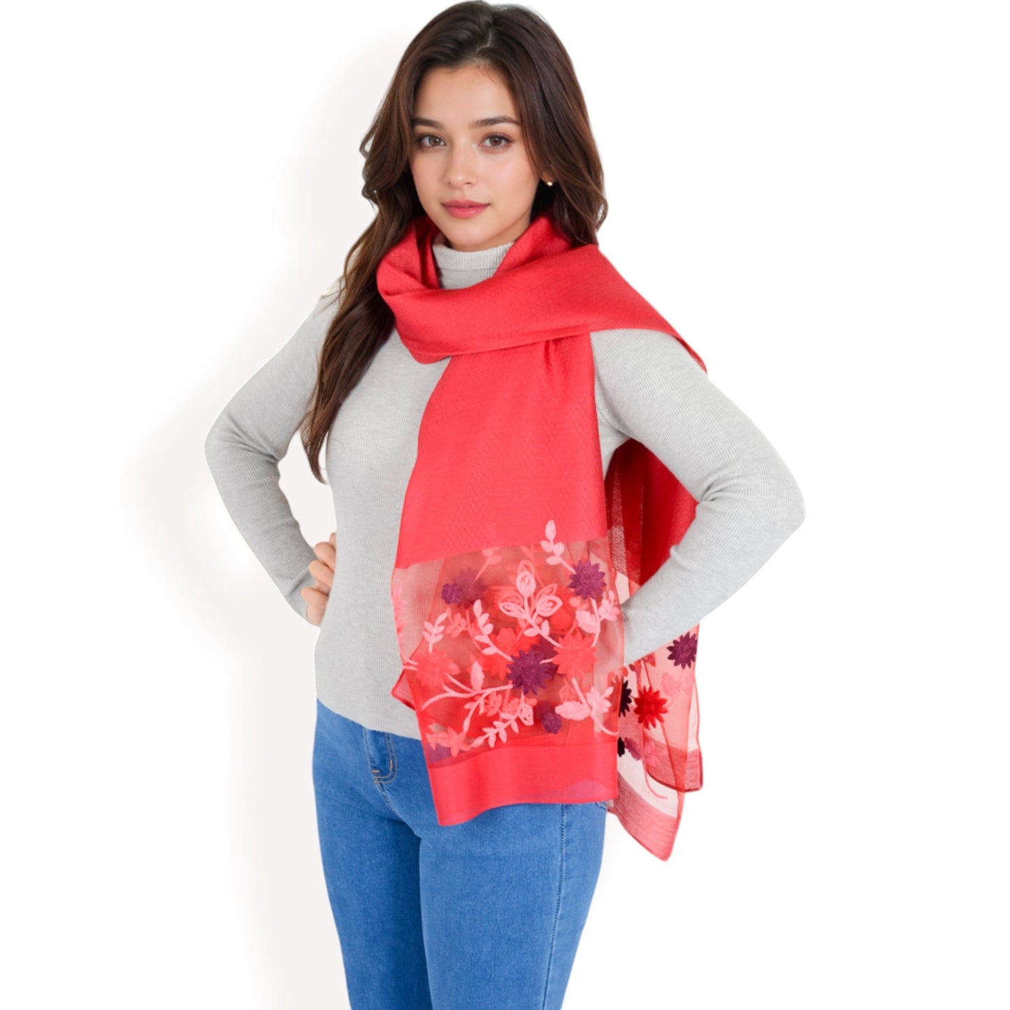 Elegant Floral Scarf with Lightweight Textured Fabric Overlay for Sophisticated Style