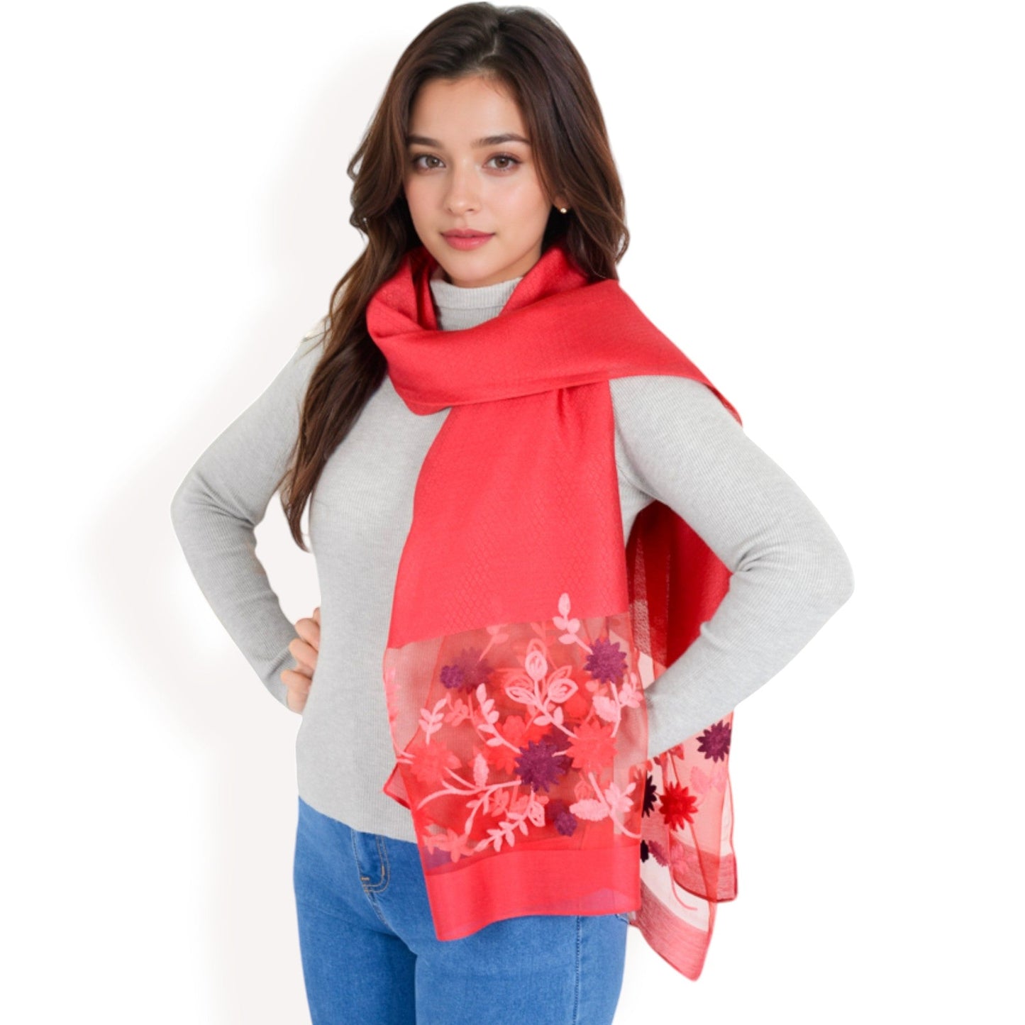 Elegant Floral Scarf with Lightweight Textured Fabric Overlay for Sophisticated Style