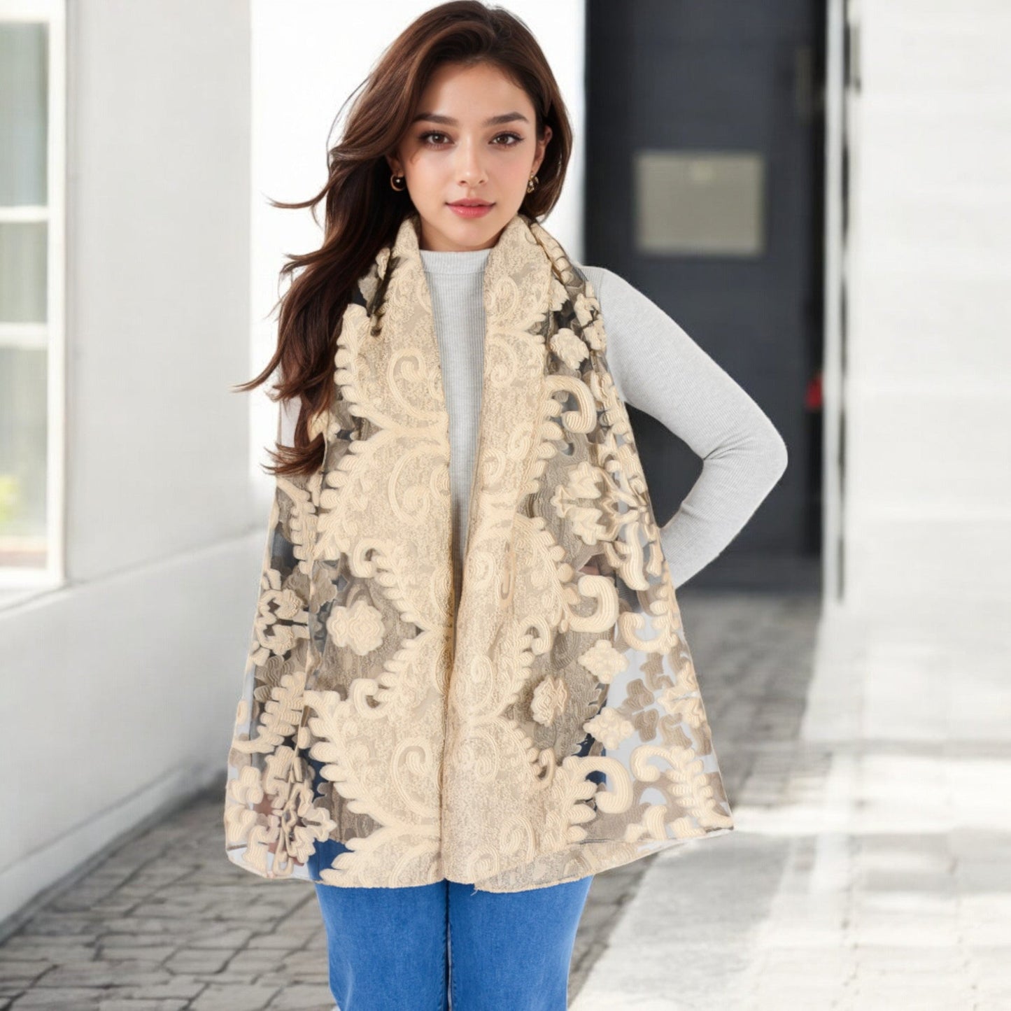 Elegant Floral Embroidered Sheer Scarf with Lightweight Textured Fabric Overlay for Sophisticated Style