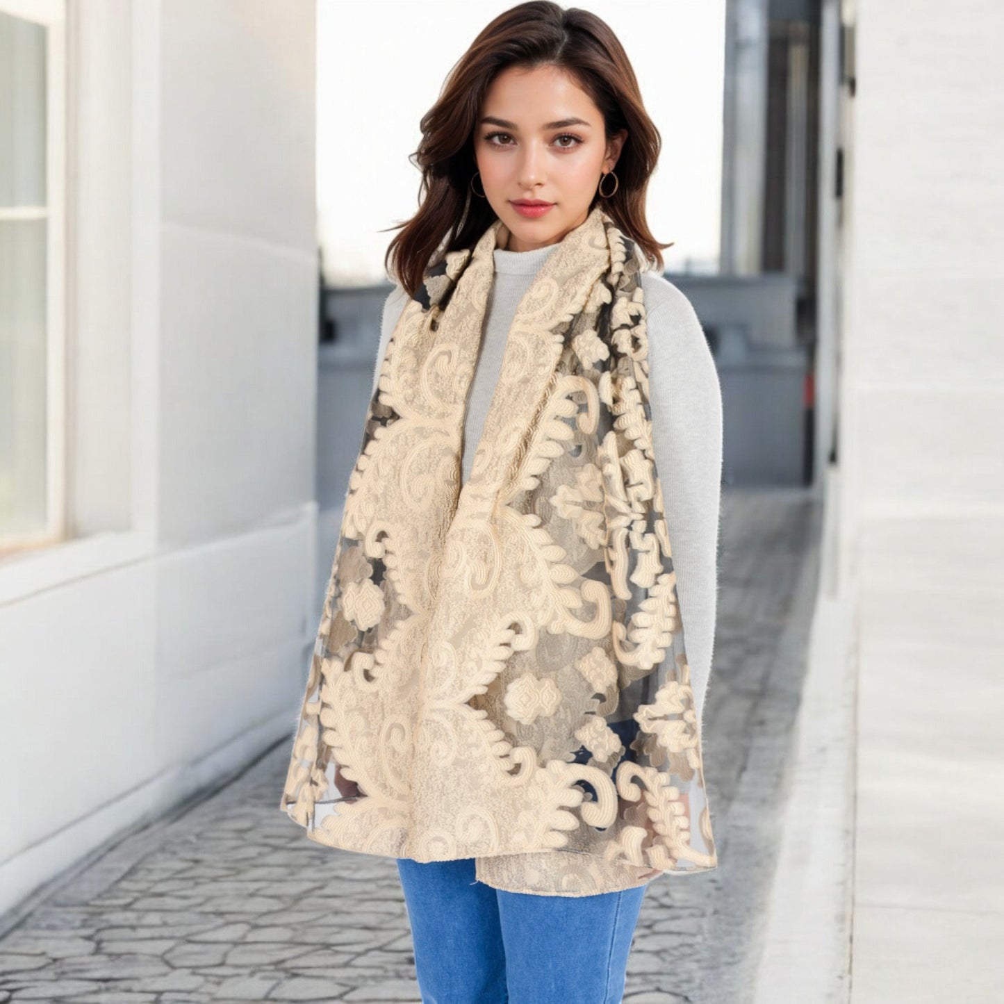 Elegant Floral Embroidered Sheer Scarf with Lightweight Textured Fabric Overlay for Sophisticated Style