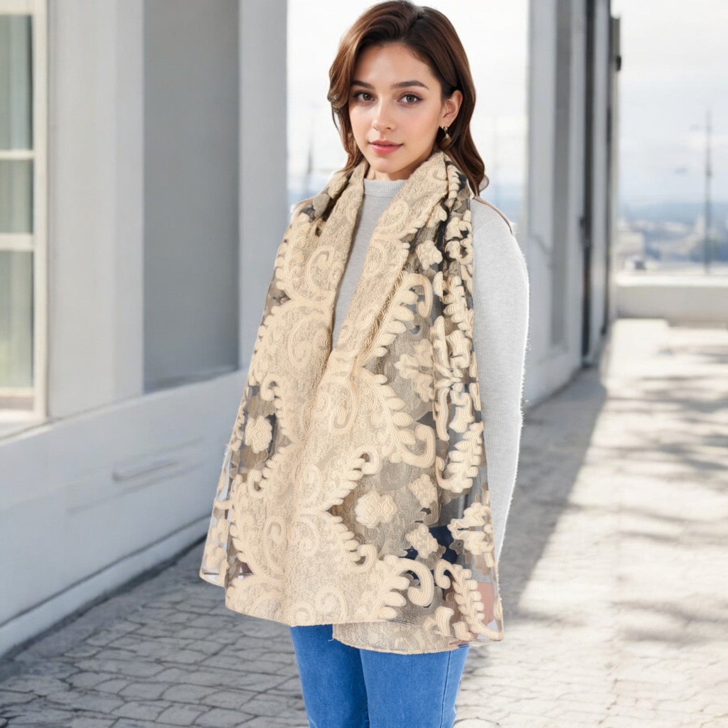 Elegant Floral Embroidered Sheer Scarf with Lightweight Textured Fabric Overlay for Sophisticated Style