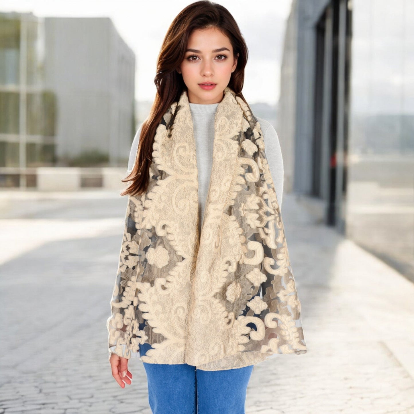 Elegant Floral Embroidered Sheer Scarf with Lightweight Textured Fabric Overlay for Sophisticated Style