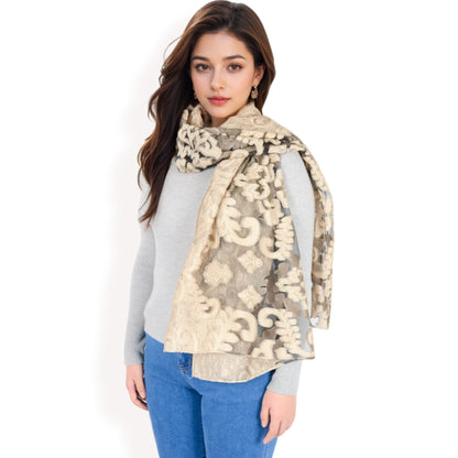 Elegant Floral Embroidered Sheer Scarf with Lightweight Textured Fabric Overlay for Sophisticated Style