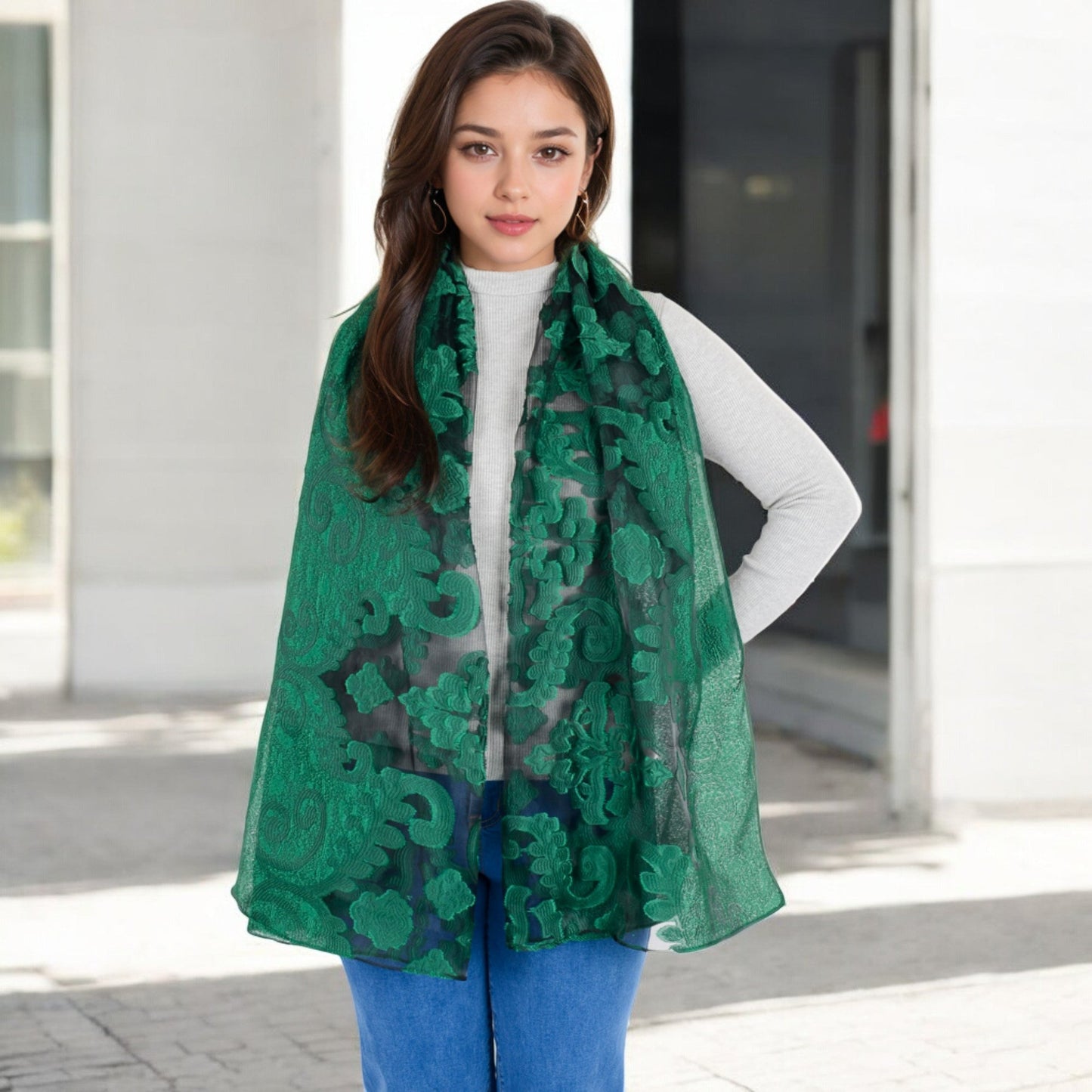 Elegant Floral Embroidered Sheer Scarf with Lightweight Textured Fabric Overlay for Sophisticated Style