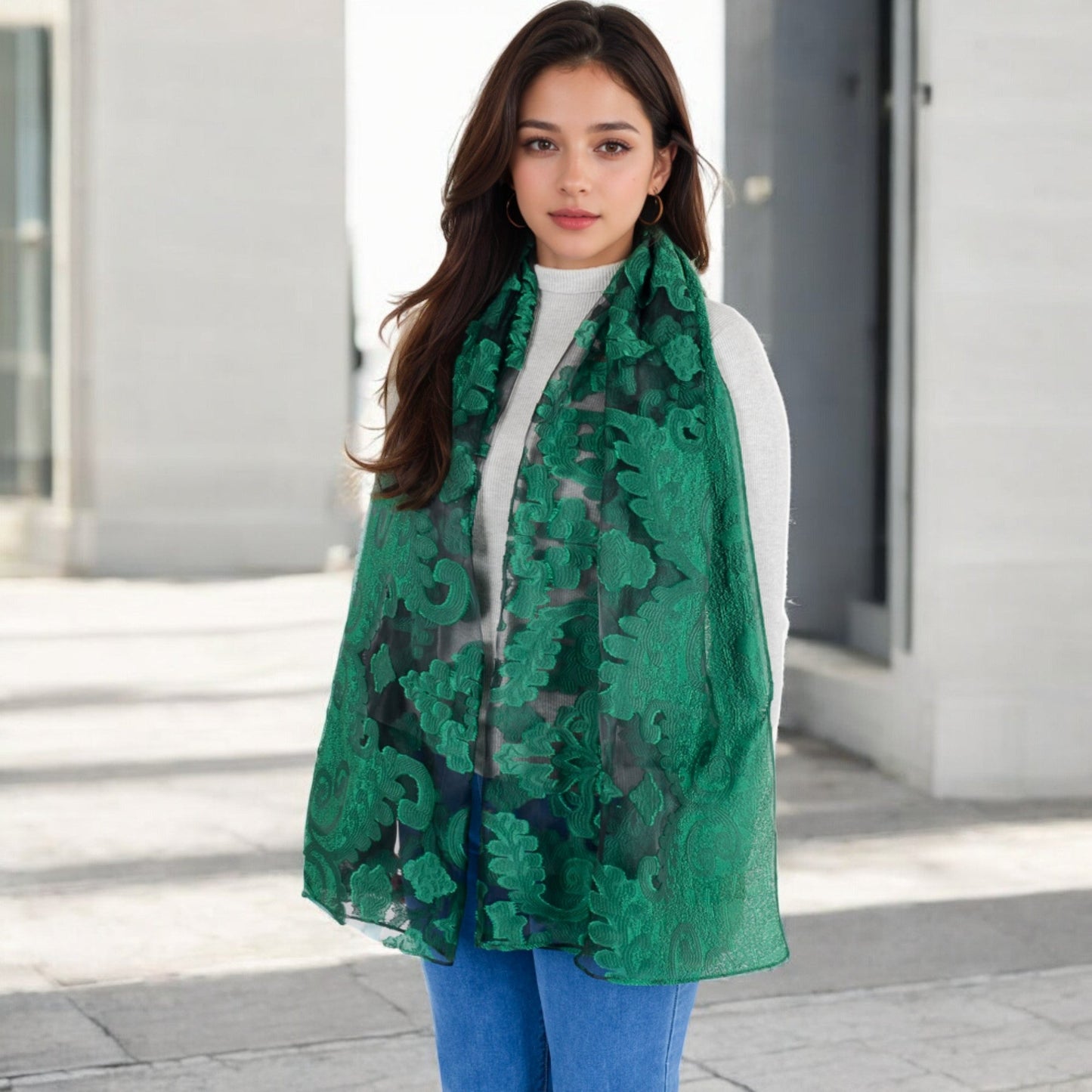 Elegant Floral Embroidered Sheer Scarf with Lightweight Textured Fabric Overlay for Sophisticated Style