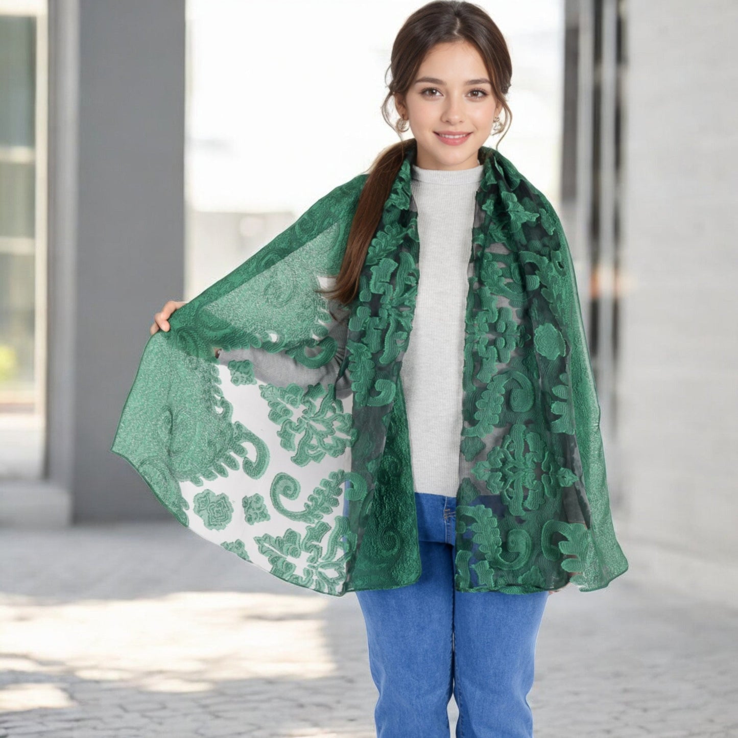 Elegant Floral Embroidered Sheer Scarf with Lightweight Textured Fabric Overlay for Sophisticated Style