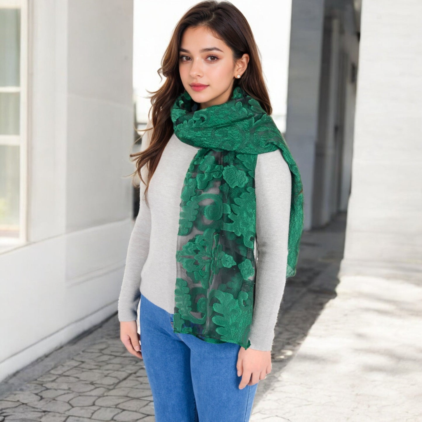 Elegant Floral Embroidered Sheer Scarf with Lightweight Textured Fabric Overlay for Sophisticated Style