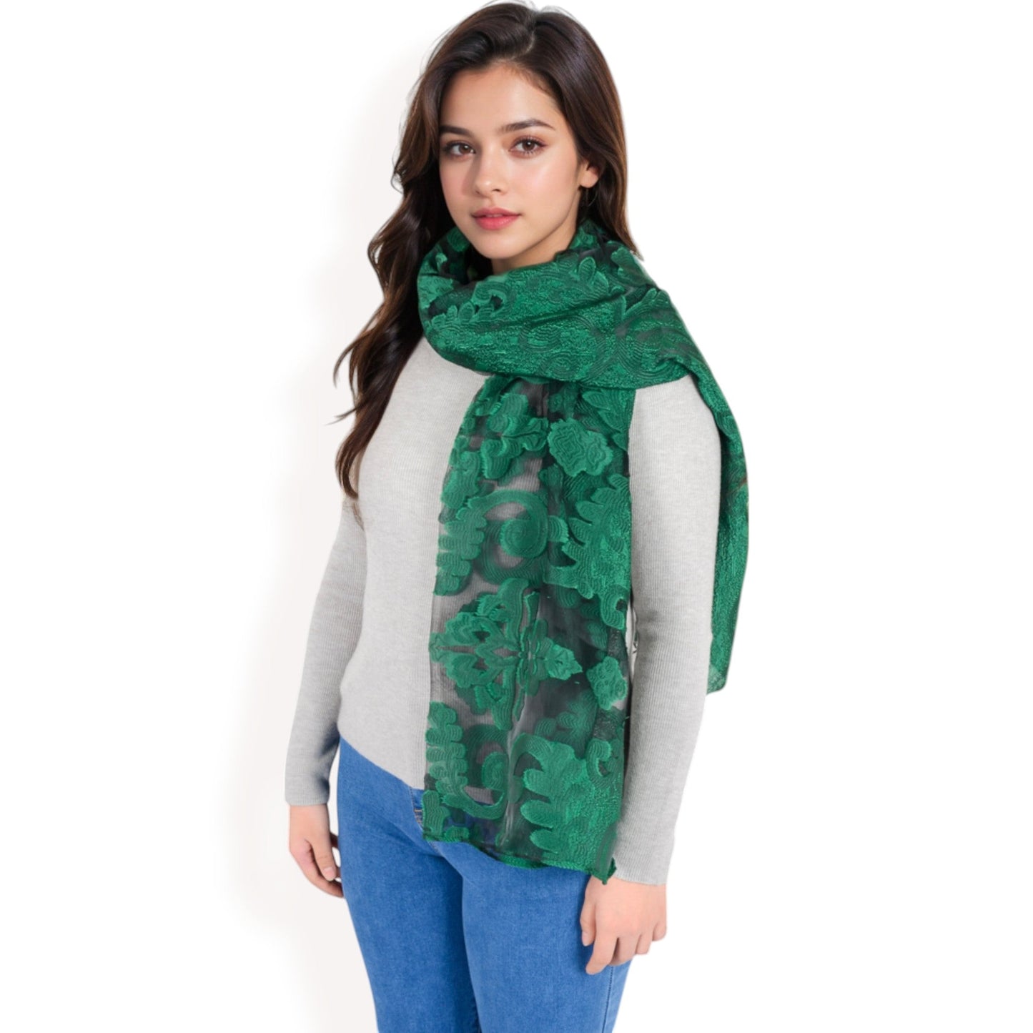 Elegant Floral Embroidered Sheer Scarf with Lightweight Textured Fabric Overlay for Sophisticated Style