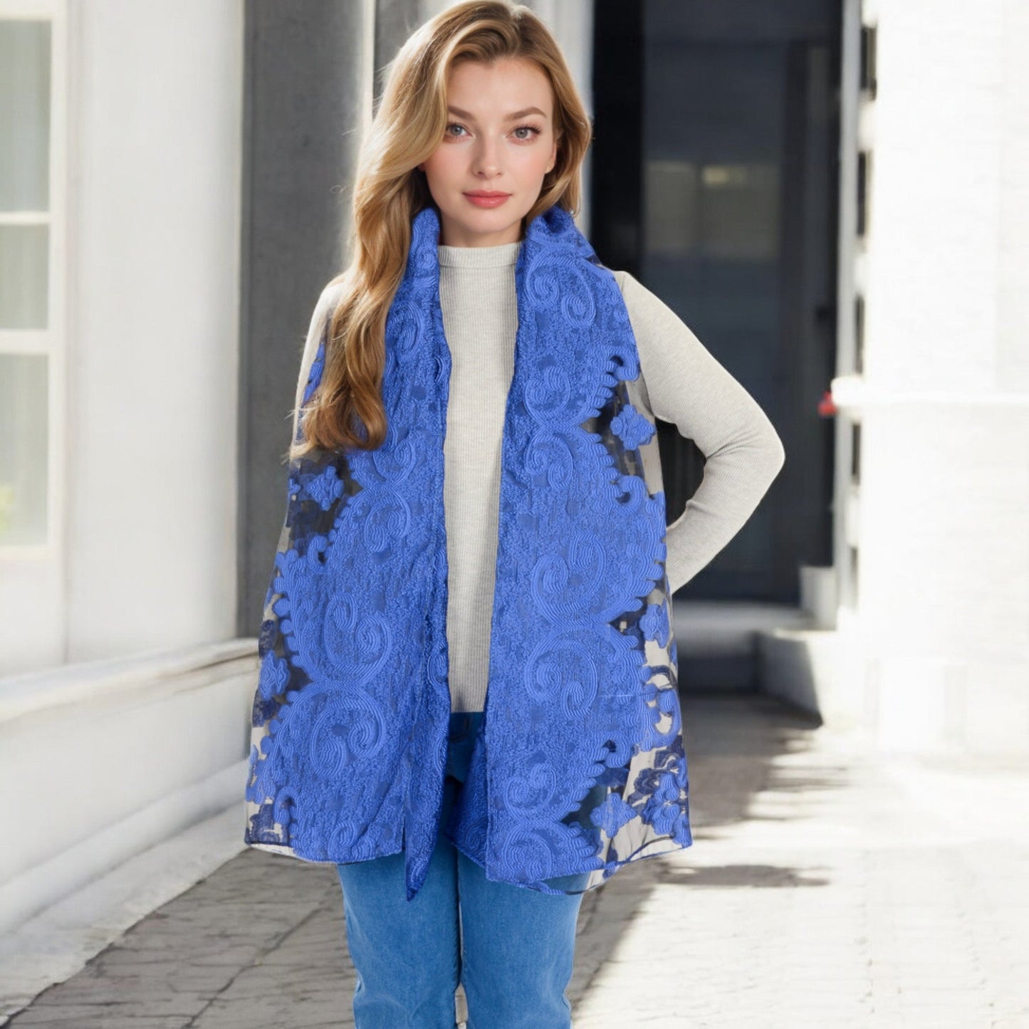 Elegant Floral Embroidered Sheer Scarf with Lightweight Textured Fabric Overlay for Sophisticated Style