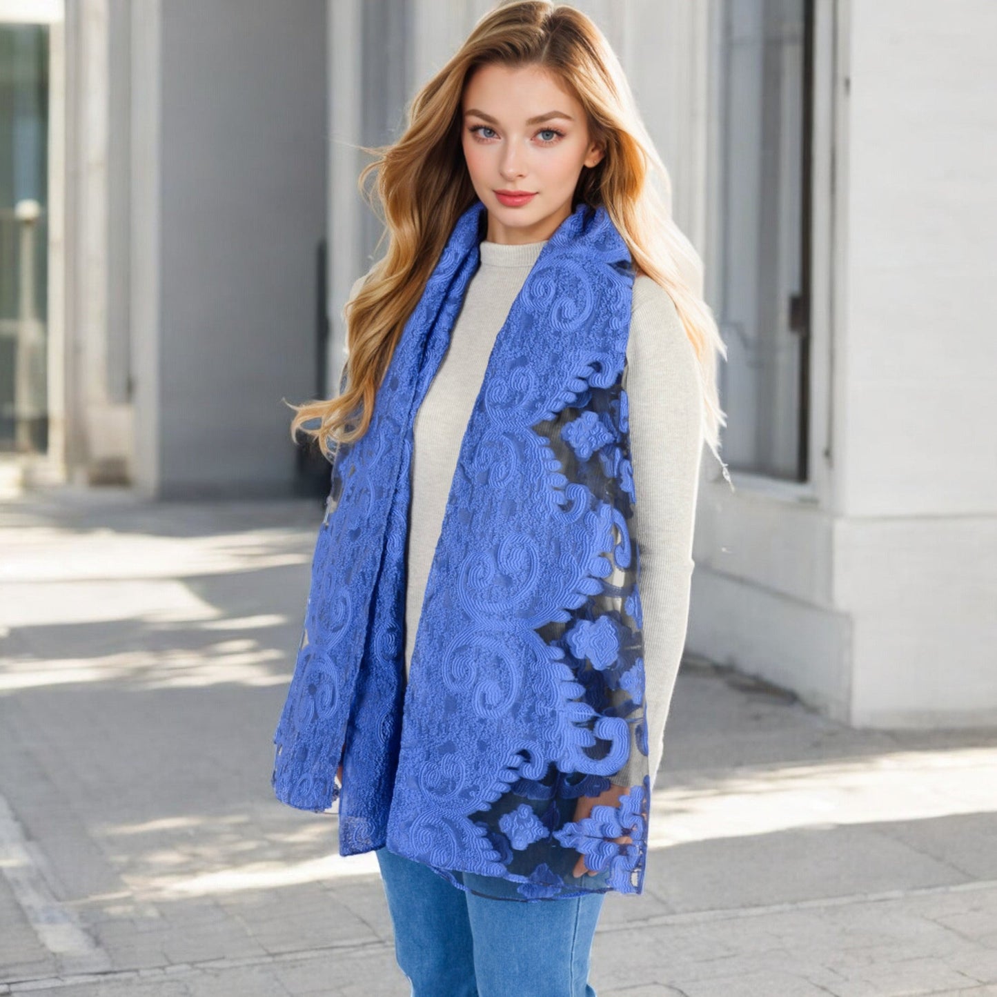 Elegant Floral Embroidered Sheer Scarf with Lightweight Textured Fabric Overlay for Sophisticated Style