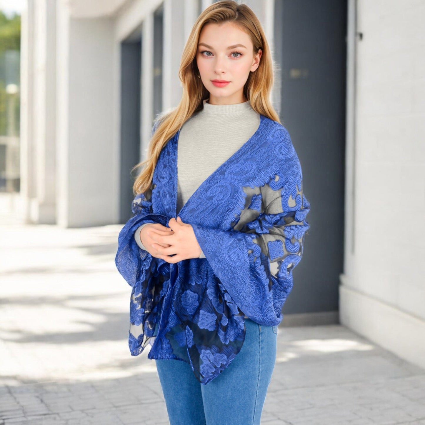 Elegant Floral Embroidered Sheer Scarf with Lightweight Textured Fabric Overlay for Sophisticated Style