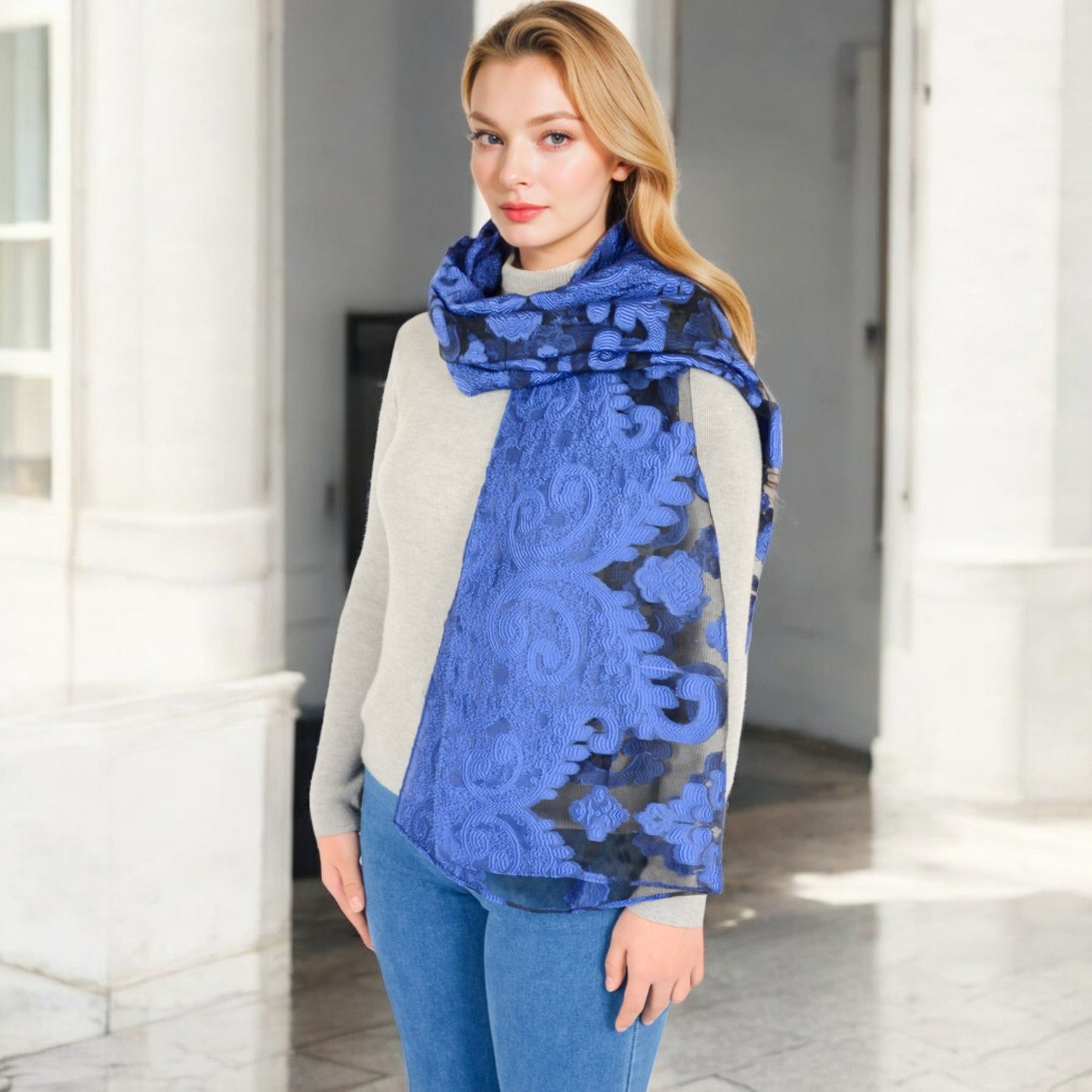 Elegant Floral Embroidered Sheer Scarf with Lightweight Textured Fabric Overlay for Sophisticated Style