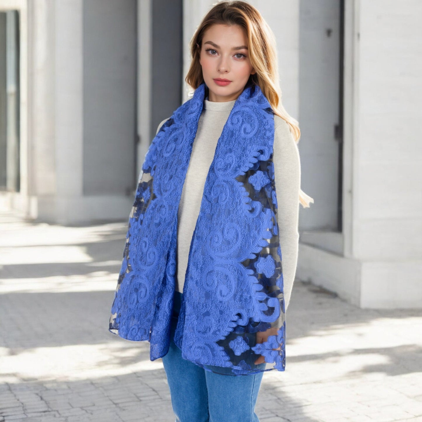 Elegant Floral Embroidered Sheer Scarf with Lightweight Textured Fabric Overlay for Sophisticated Style