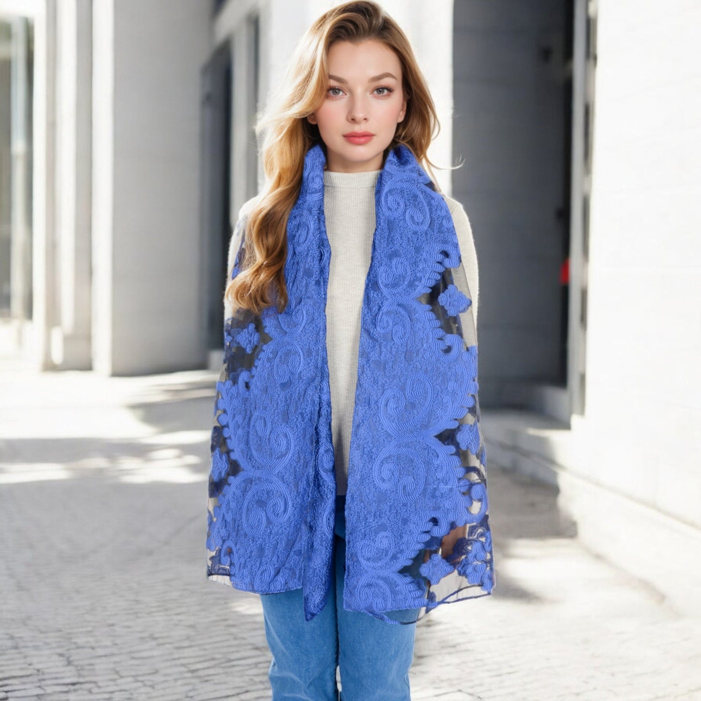 Elegant Floral Embroidered Sheer Scarf with Lightweight Textured Fabric Overlay for Sophisticated Style