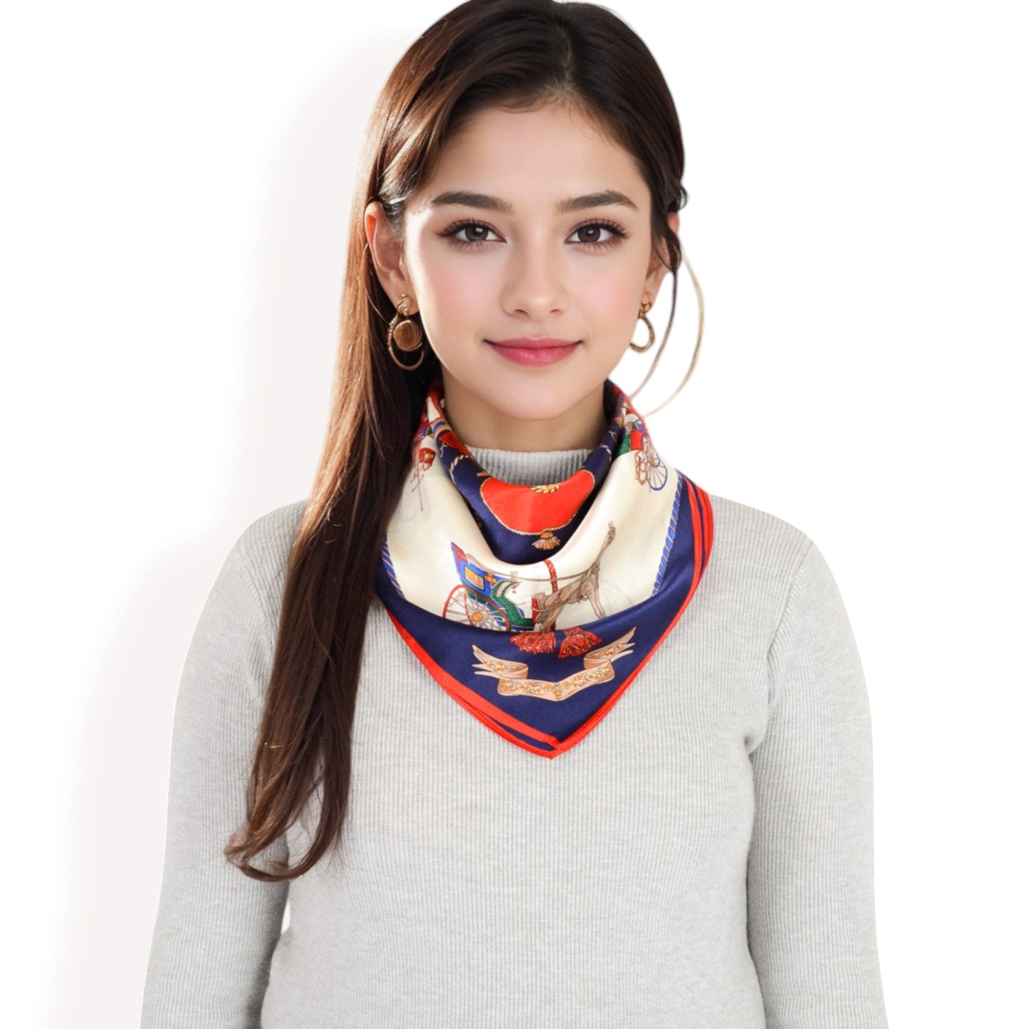 Elegant Floral, Abstract, and Chain Print Silk Square Scarves with Bold Patterns and Luxurious Satin Finish