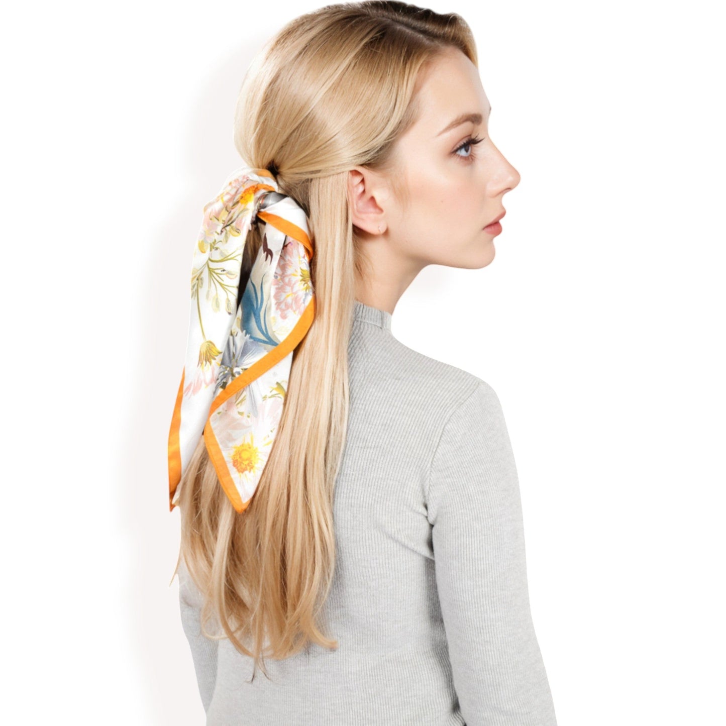 Elegant Floral, Abstract, and Chain Print Silk Square Scarves with Bold Patterns and Luxurious Satin Finish